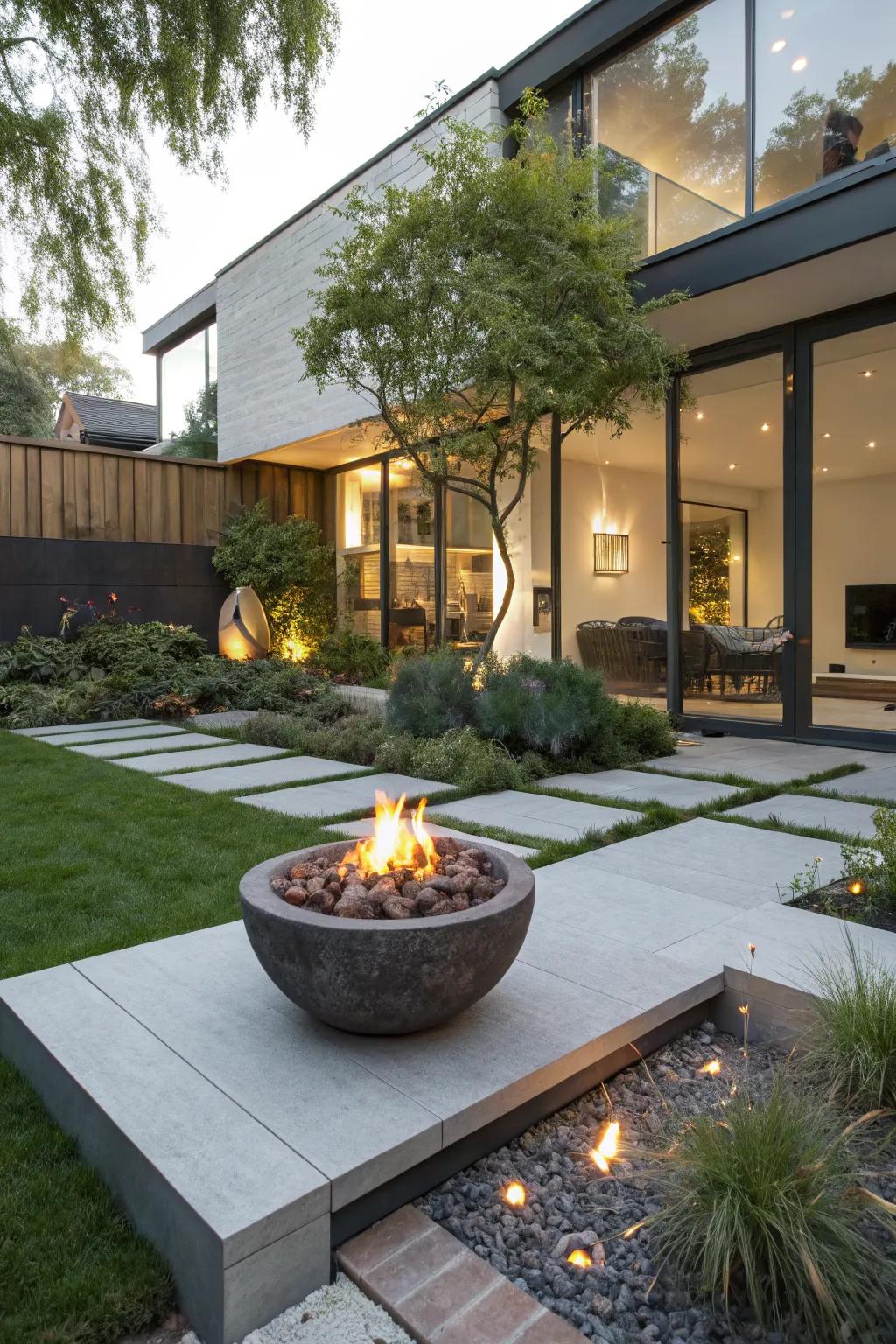 A sculptural statement fire pit in a modern backyard setting.