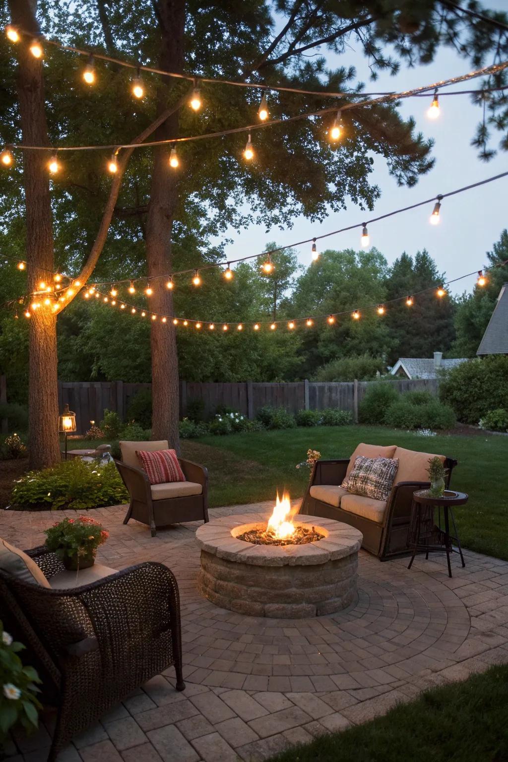 A fire pit area enhanced by the warm glow of string lights.