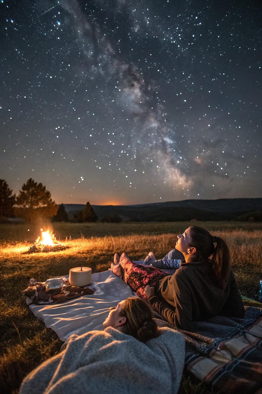 A serene stargazing setup beside the comforting fire.