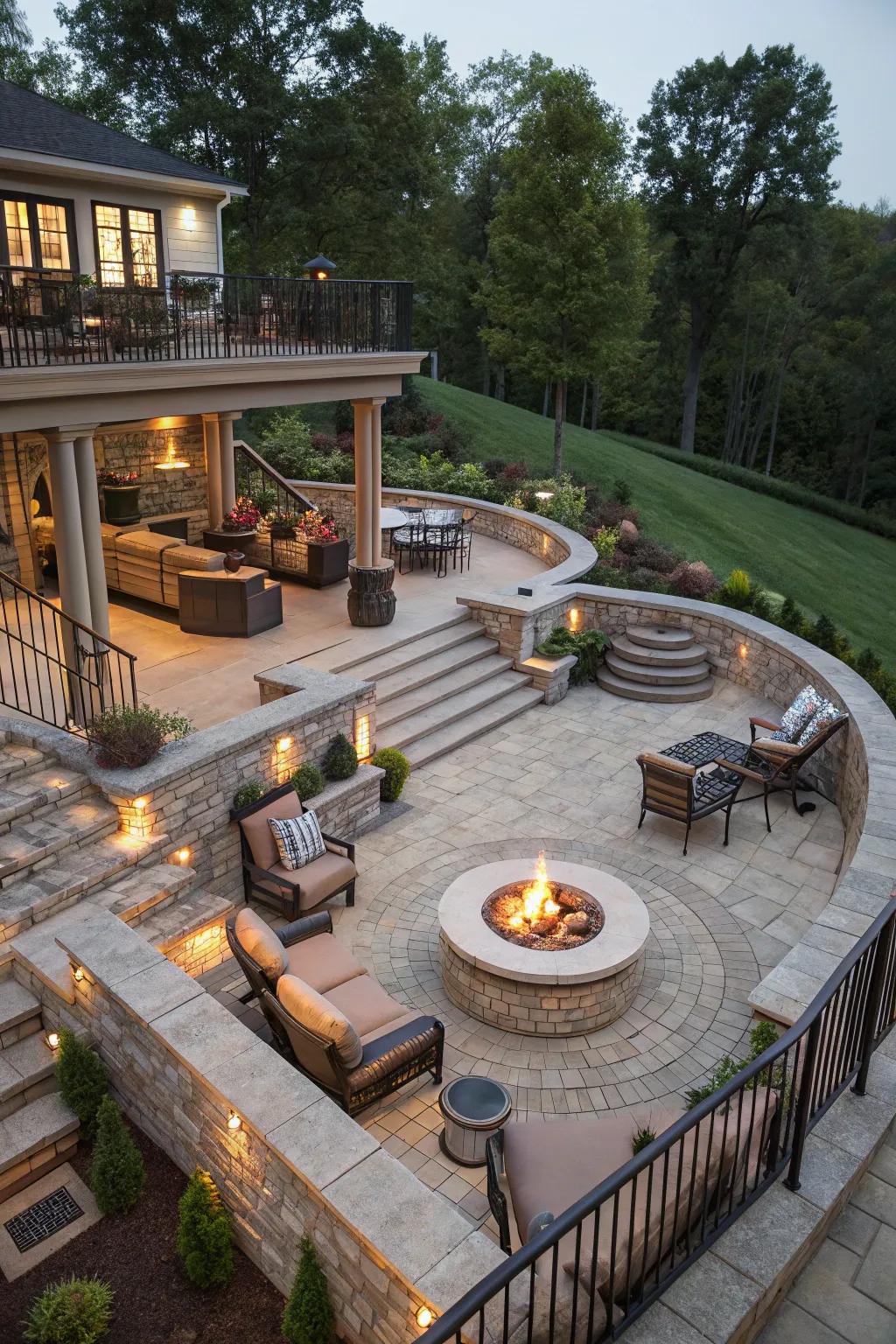 A multi-level patio adds depth and dimension to this fire pit design.
