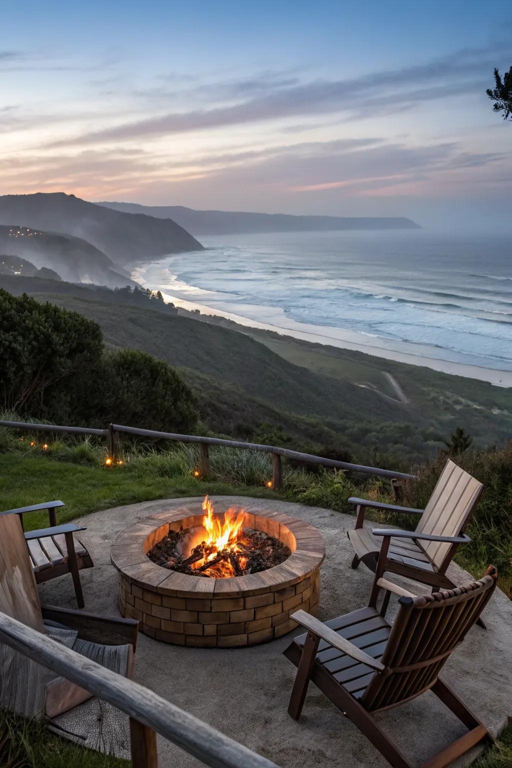 A fire pit with a view of the coast, offering a stunning backdrop for relaxation.