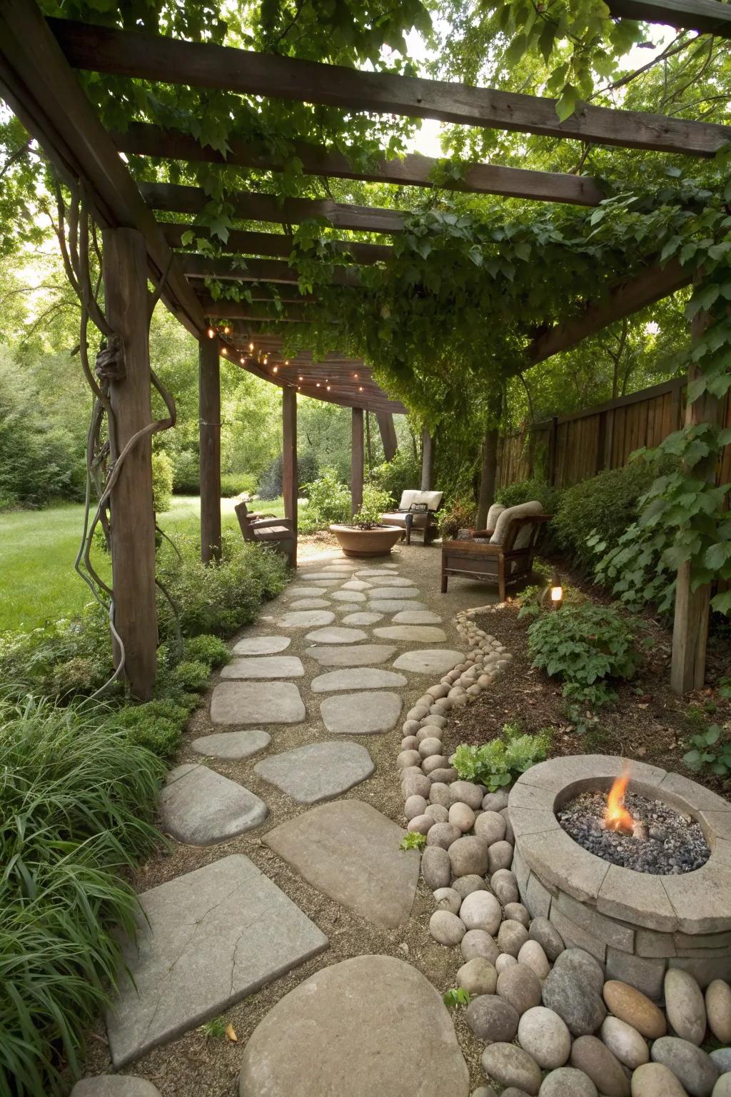 A natural stone pathway adds elegance to the fire pit area.