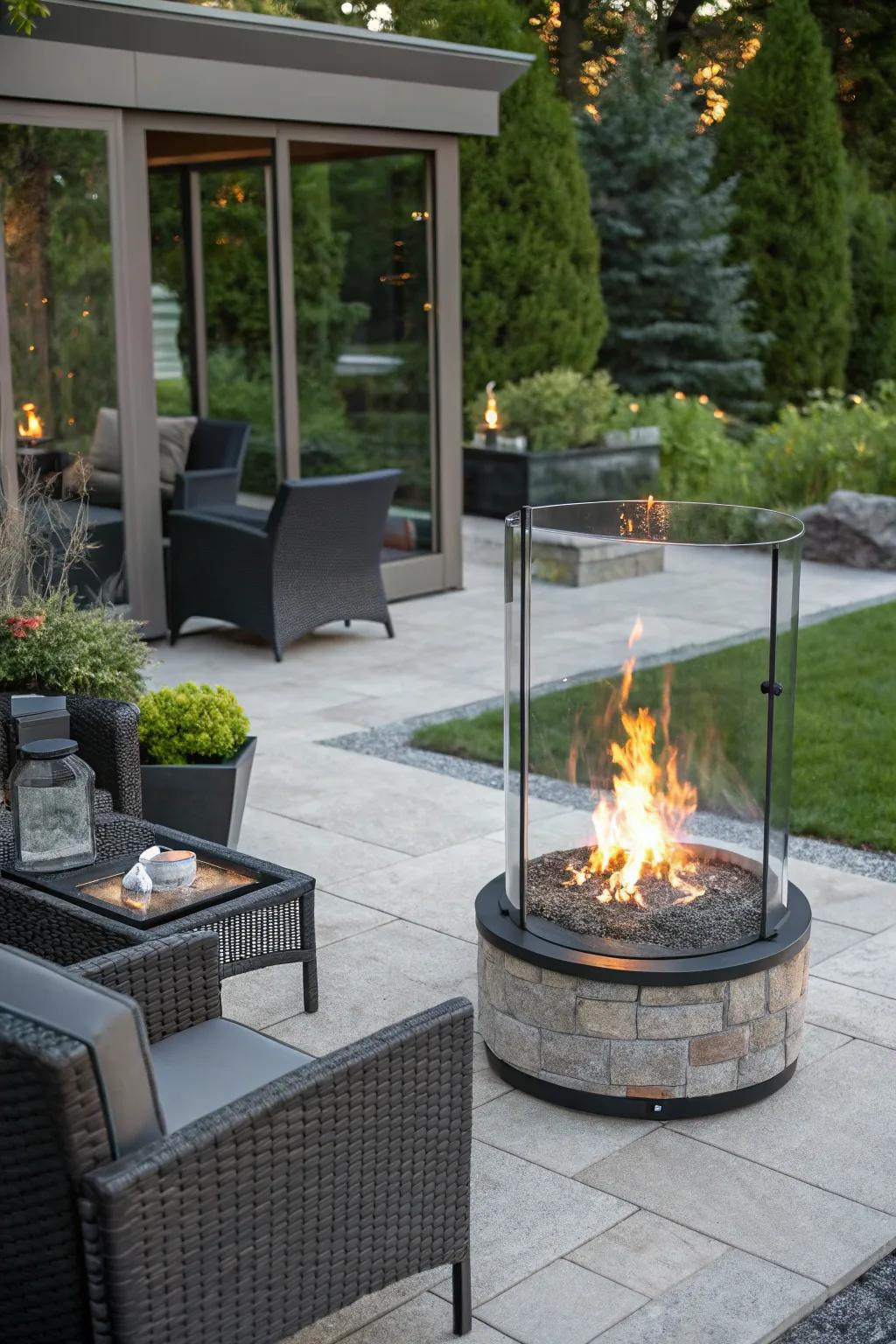 Glass-enclosed fire rings provide a sophisticated and safe fire feature.