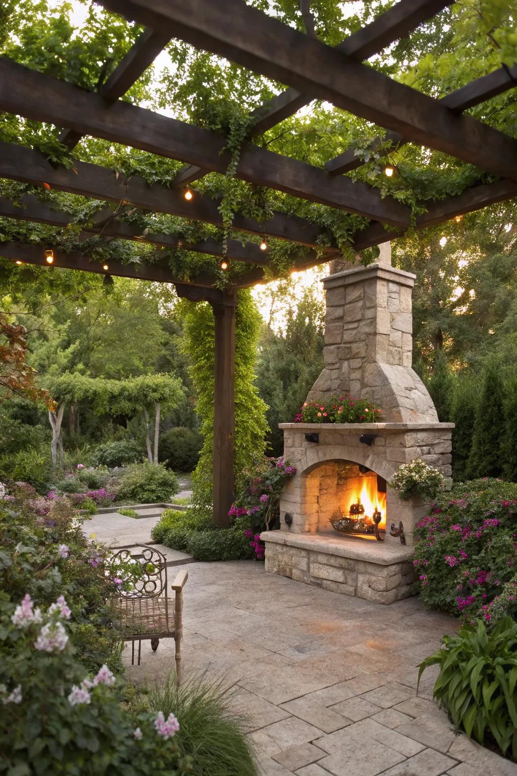 A hanging fireplace under a pergola, creating a unique garden focal point.