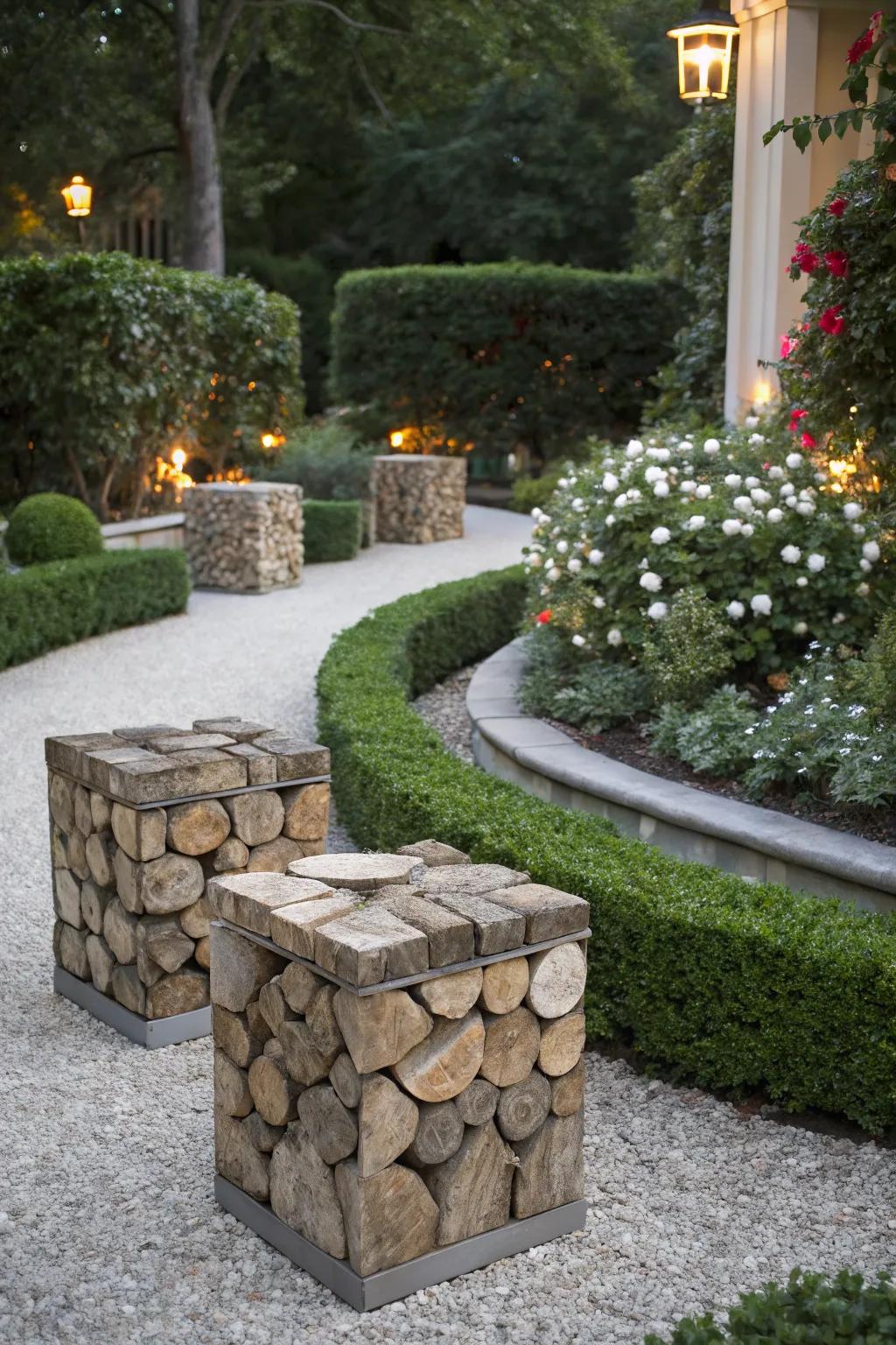 Stackable stone cubes offer elegance and stability.