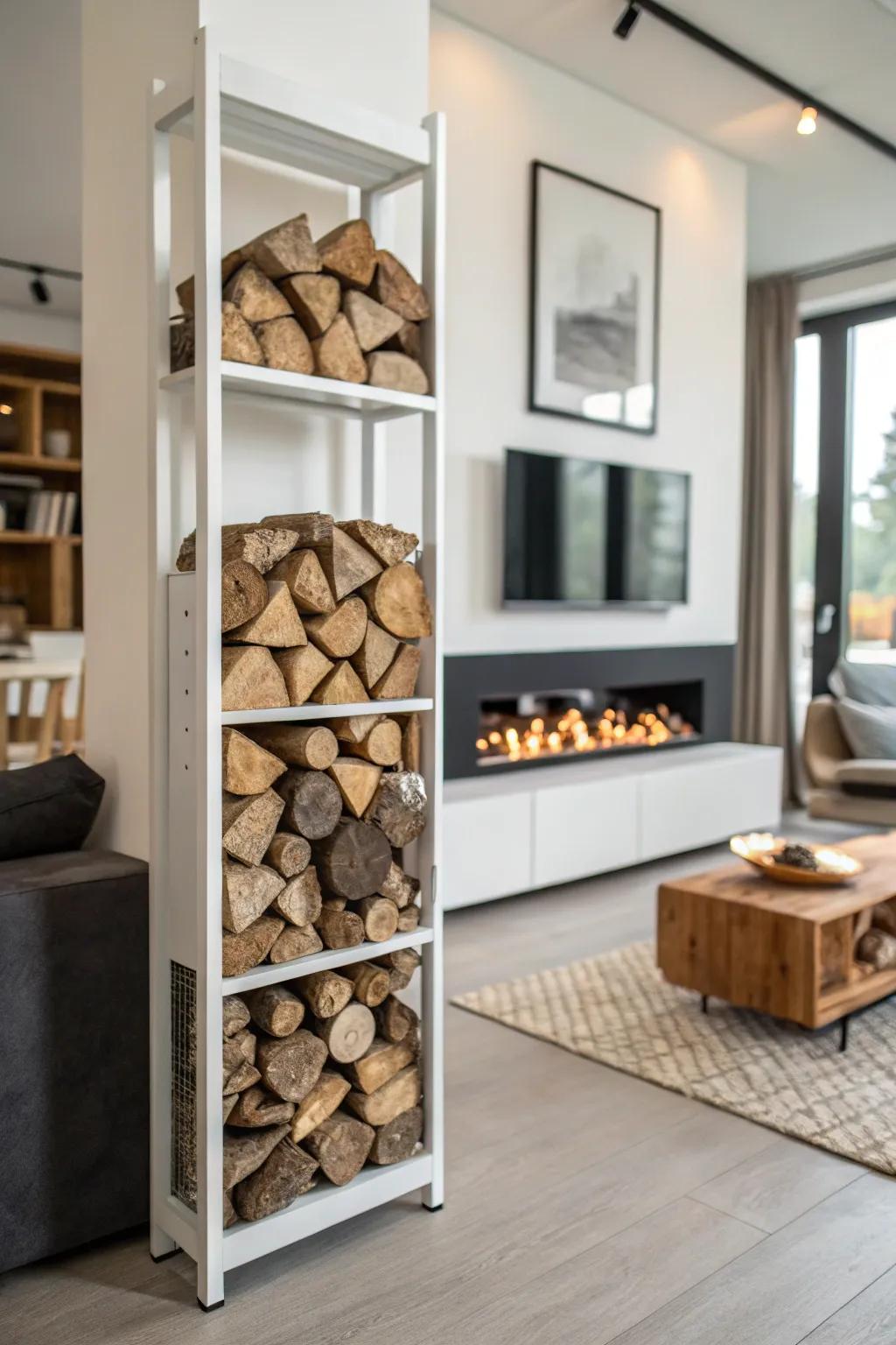 Floating wall rack adding a modern edge to firewood storage.