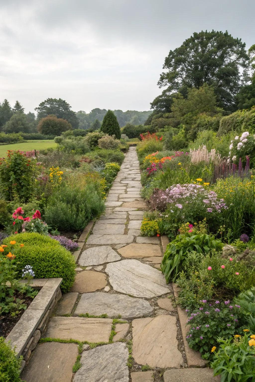 Flagstone borders define and enhance distinct garden zones.