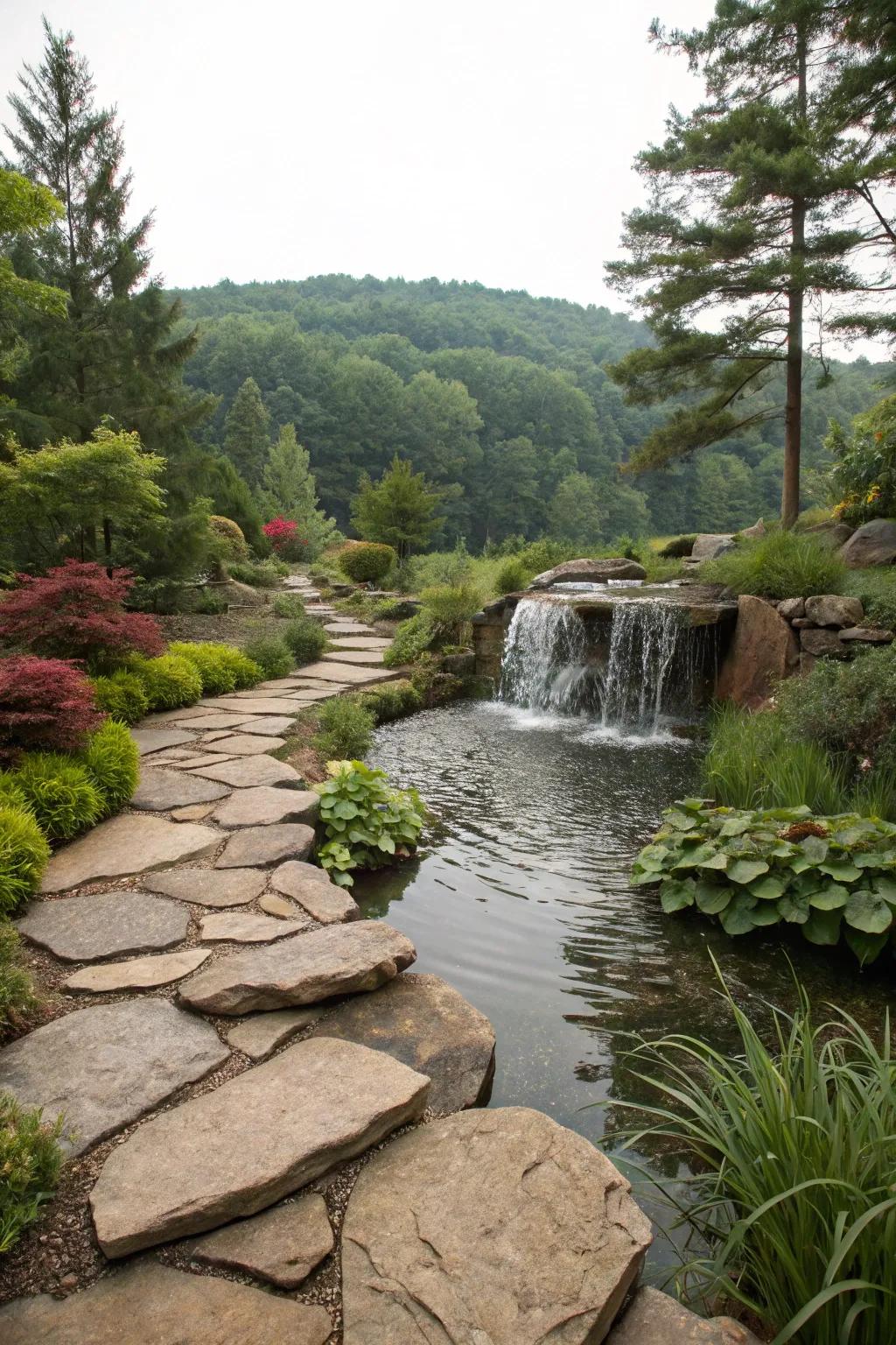 A tranquil flagstone stream waterfall in a lush garden.