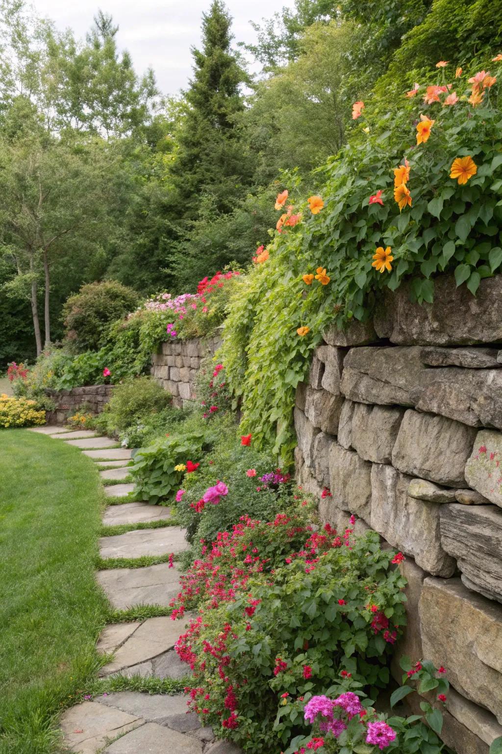 A rustic flat rock wall adorned with greenery.