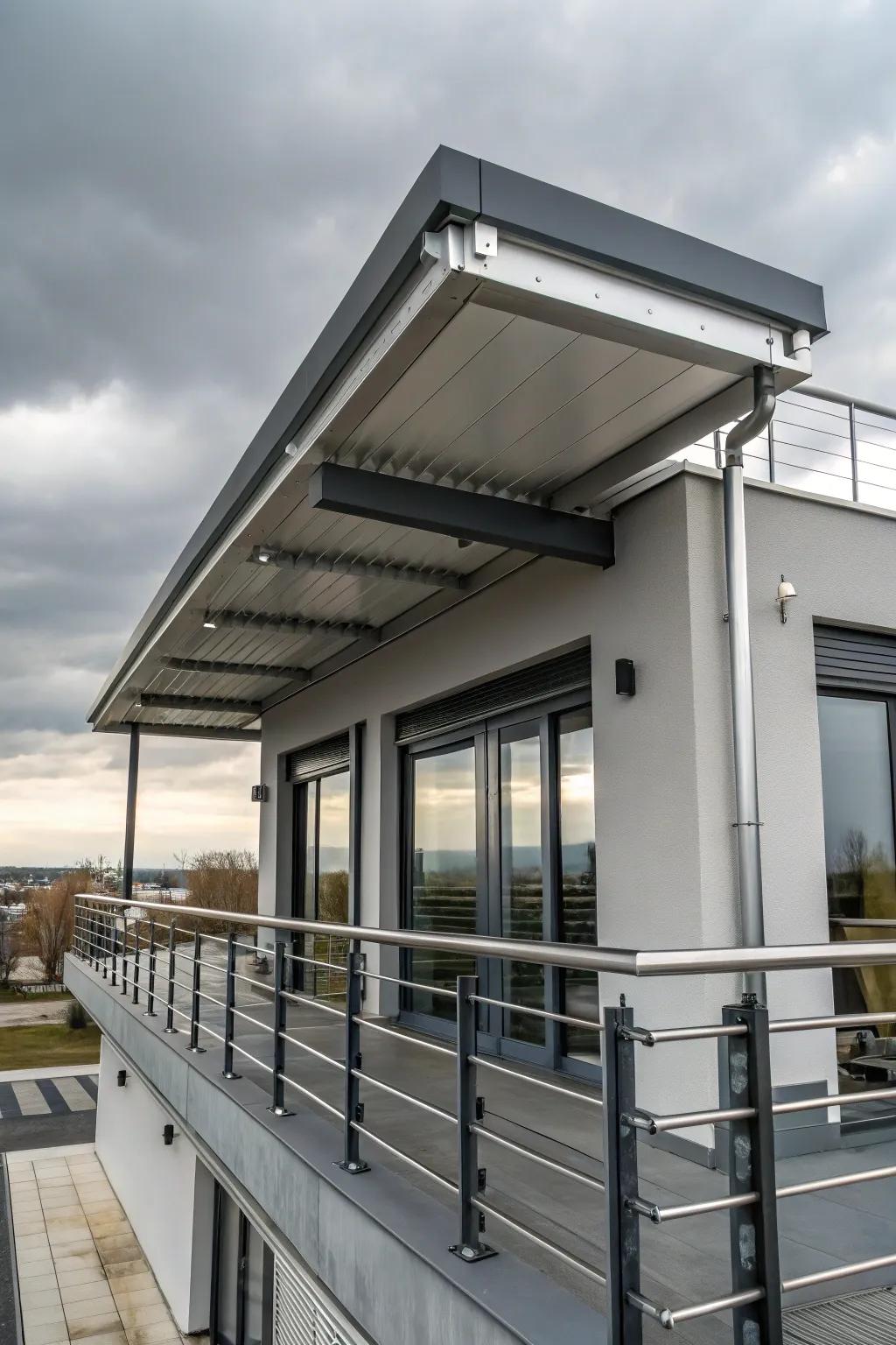 Metal accents enhance the modern industrial look of this flat roof portico.