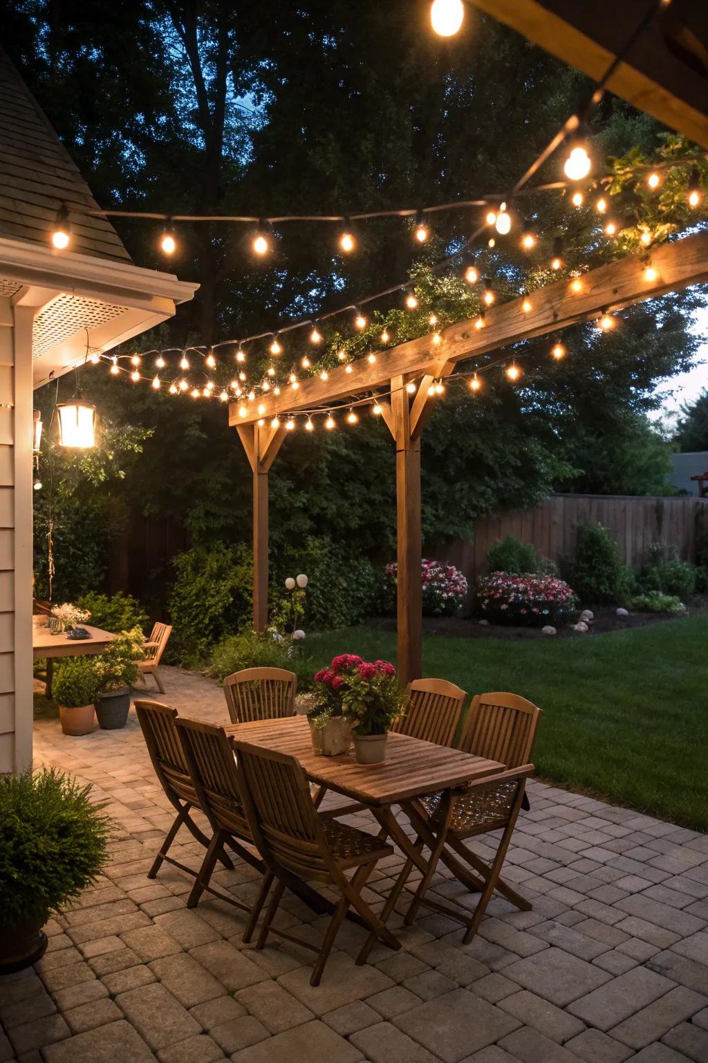 A patio beautifully lit with warm string lights for a cozy atmosphere.
