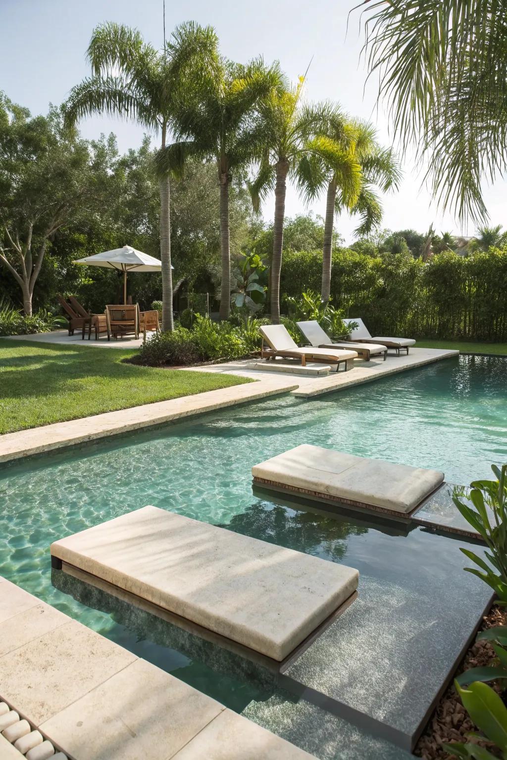 Tanning ledges for sunbathing by the pool.