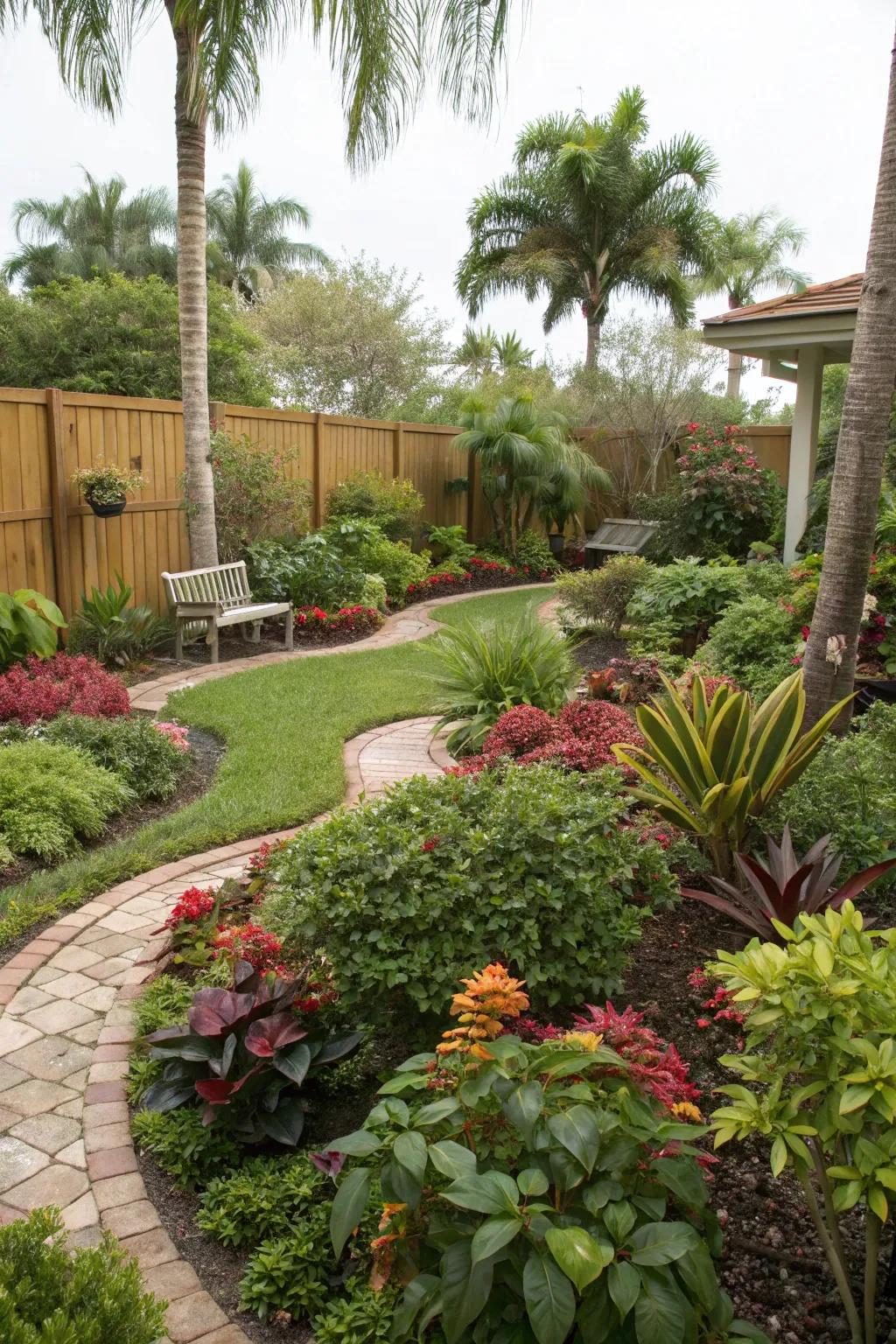 Diverse shrubs create depth and visual interest in a lush garden.