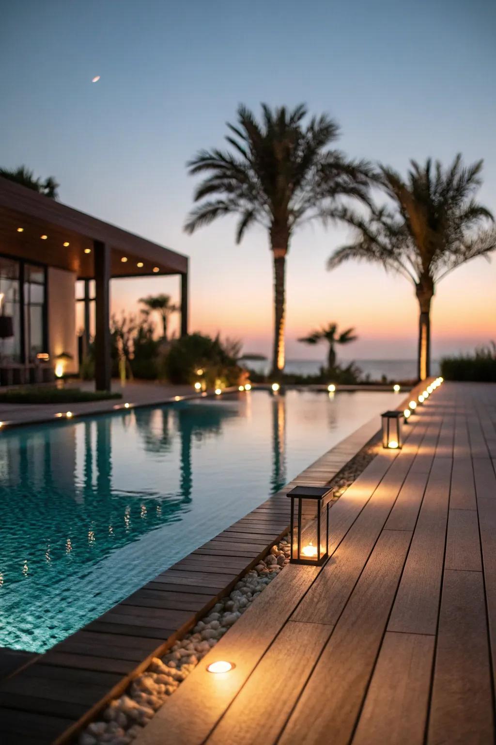 Set the mood with creative poolside lighting.