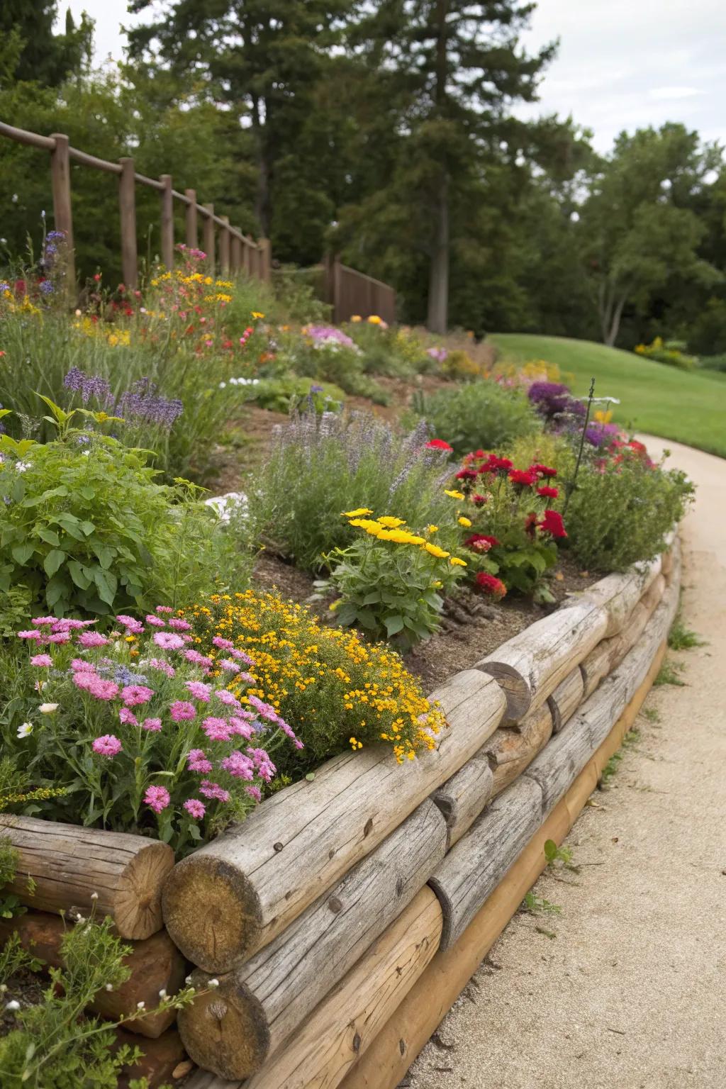 Log walls provide an earthy touch and harmonize with natural settings.