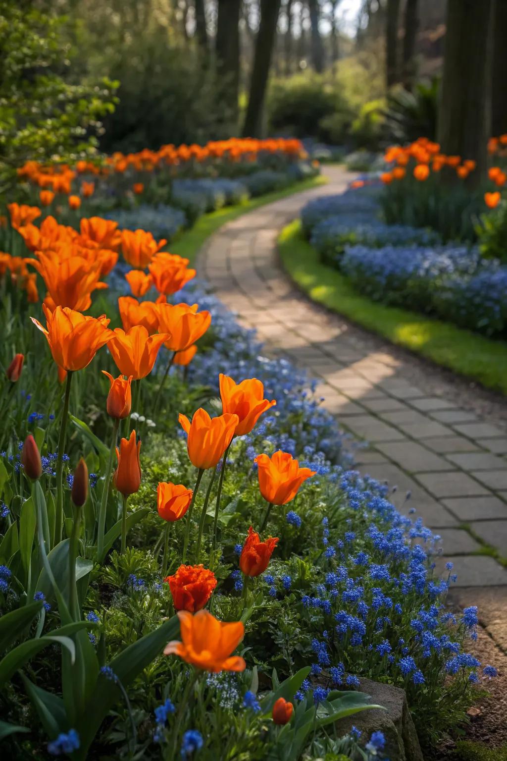 A garden with complementary orange and blue flowers