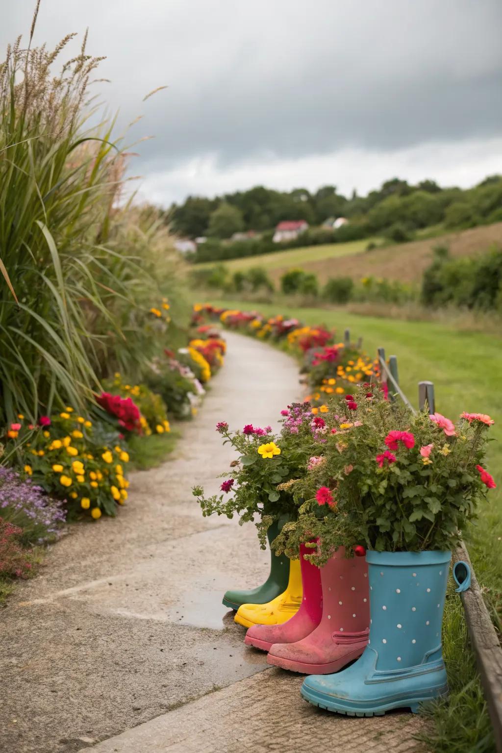Add whimsy with rain boot planters.