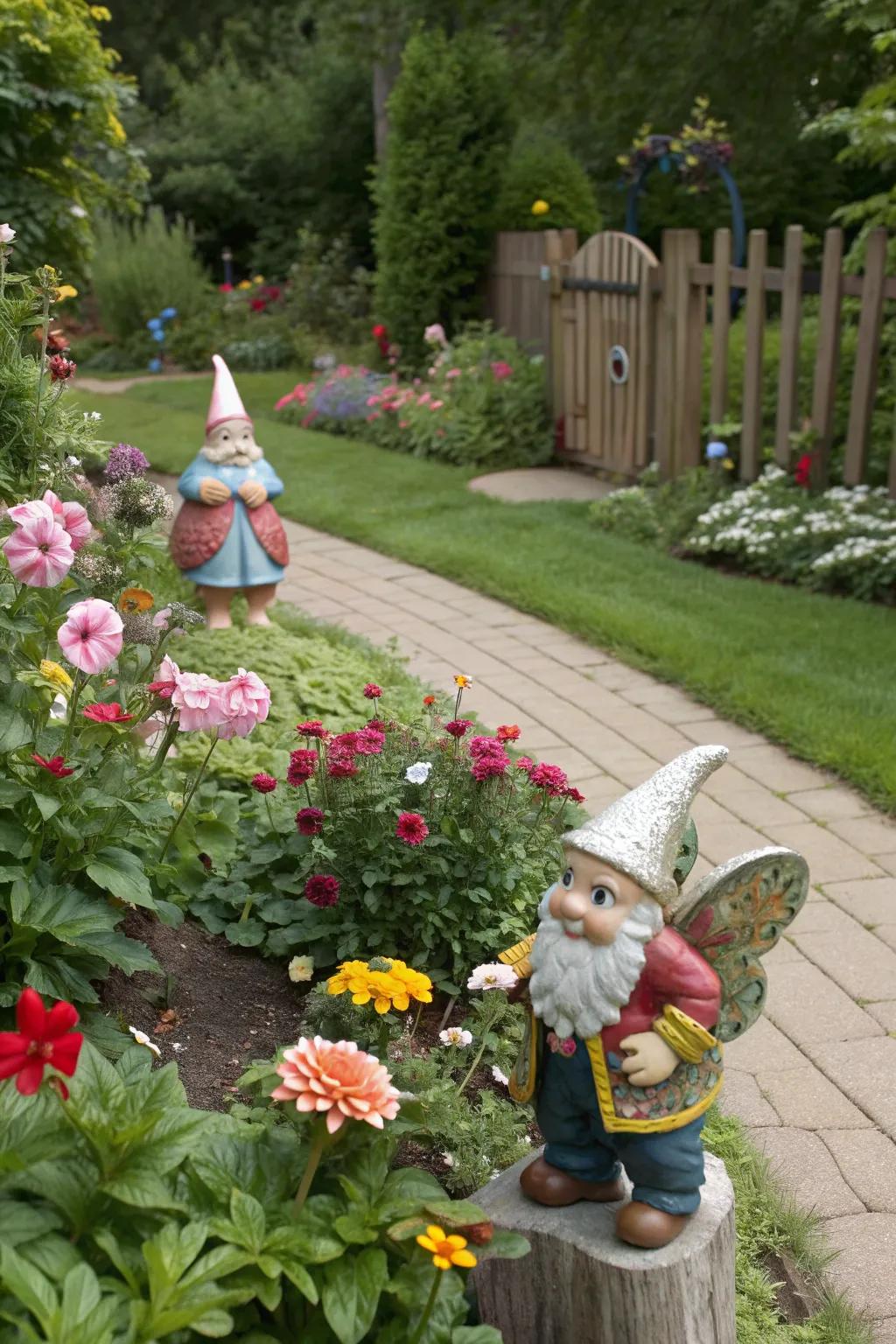 Quirky accents adding charm to a flower garden.