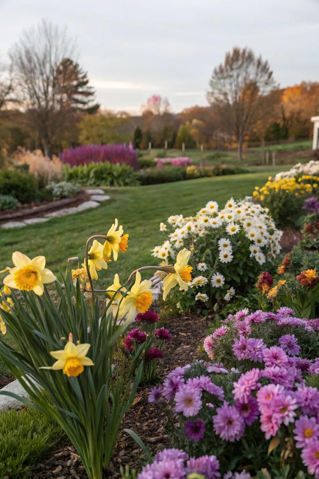 A garden showcasing seasonal blooms with daffodils and asters.