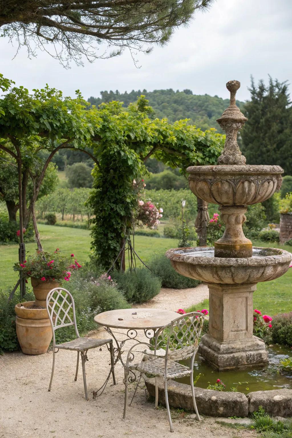 An antique-style fountain in a rustic garden setting.