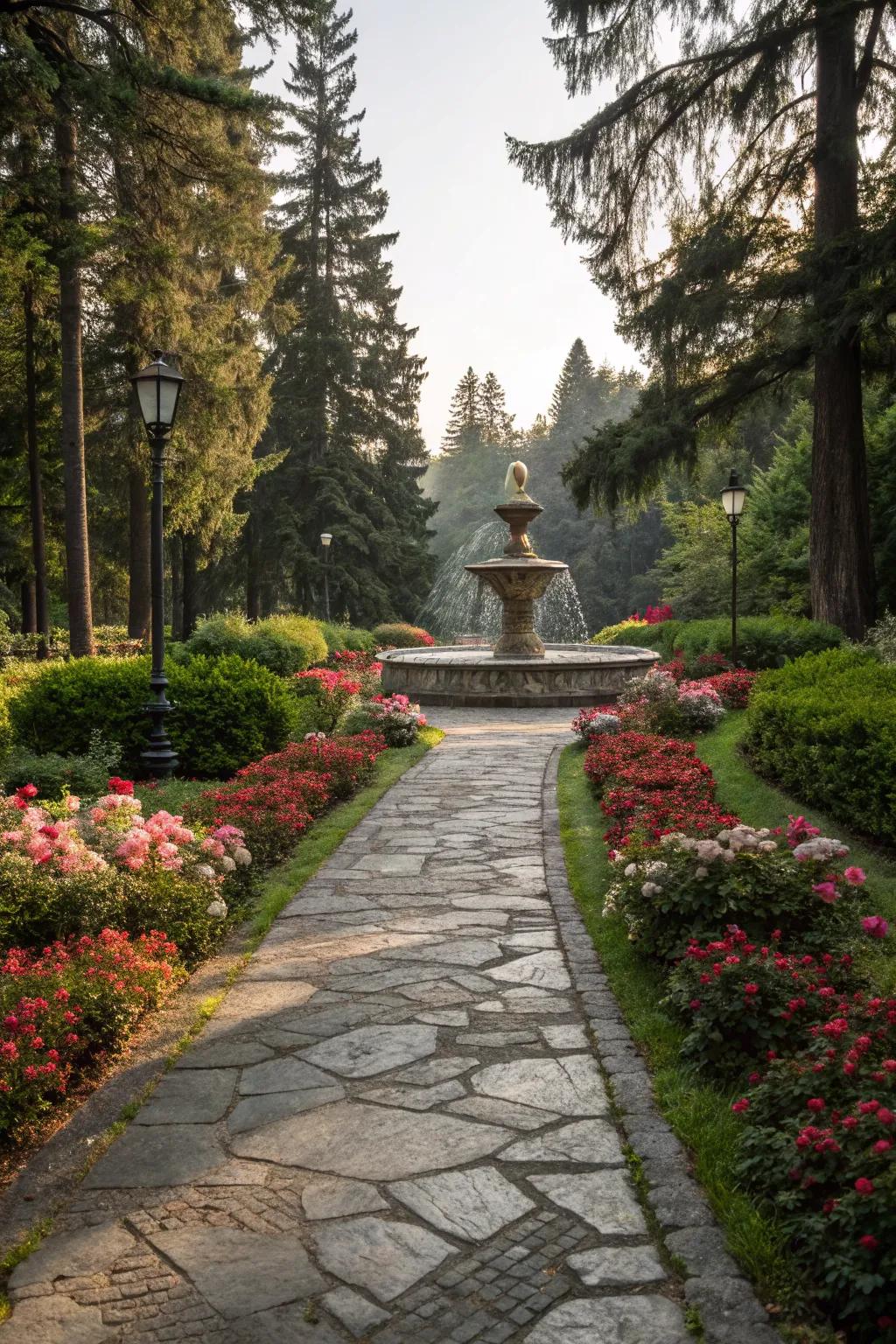 Stone pathway leading to a garden fountain.