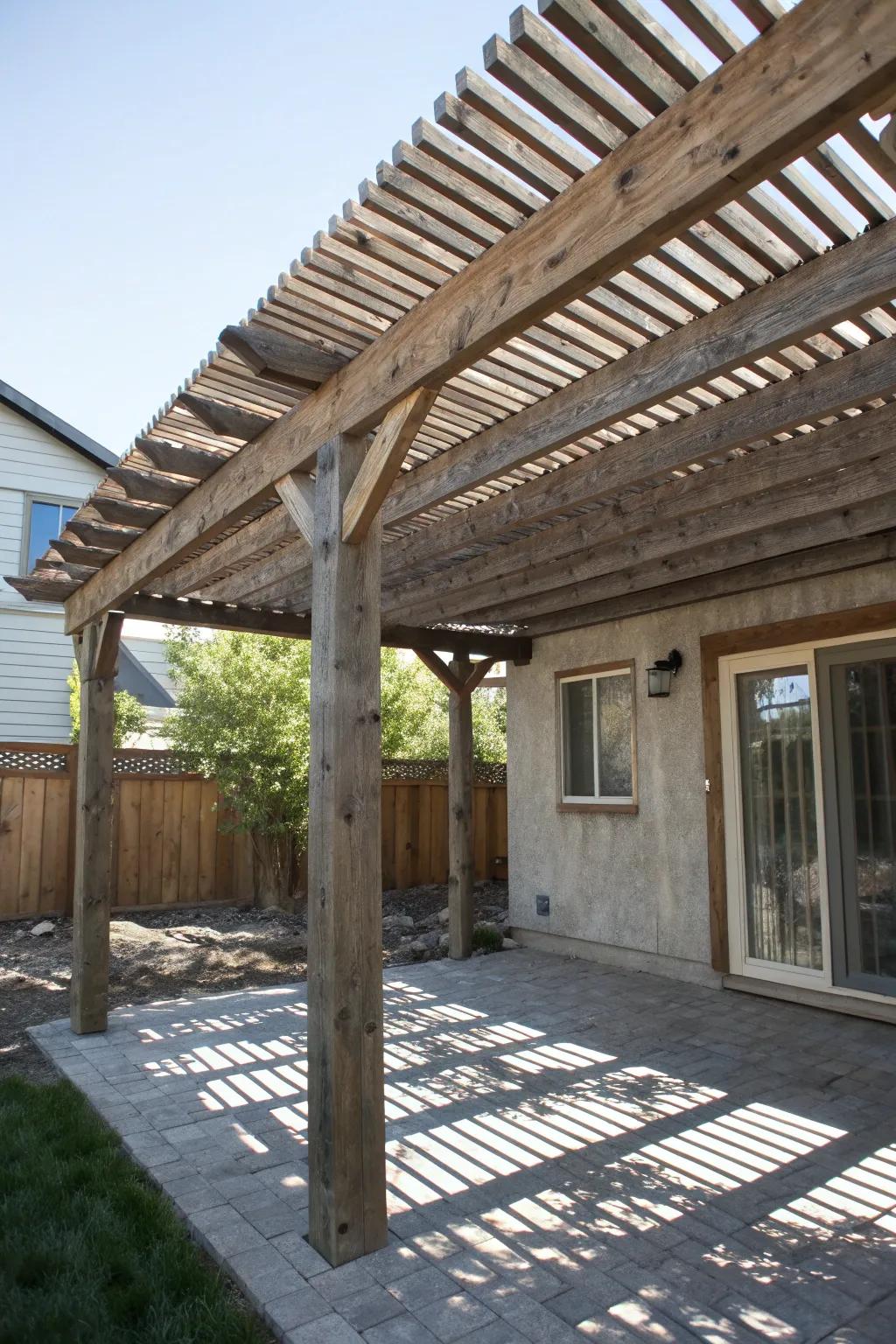 A DIY slat pergola adding a touch of modern elegance.