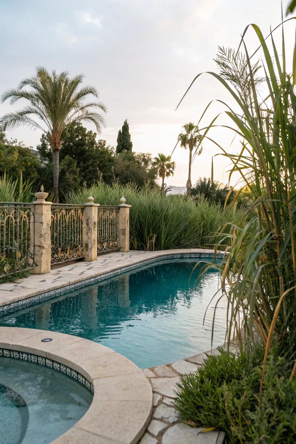 A private retreat created by strategic plantings and fencing around a freeform pool.