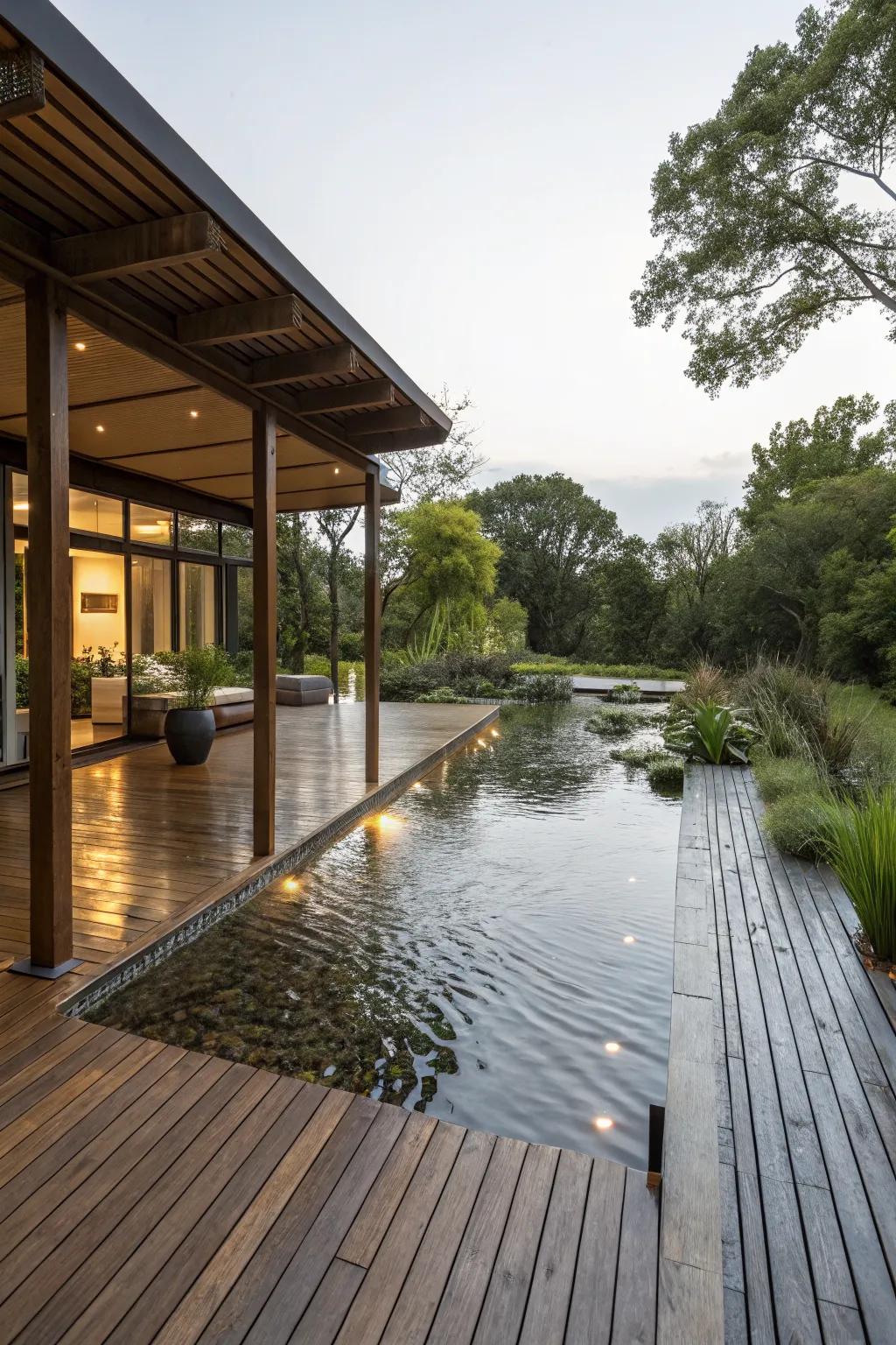 Achieve a serene island vibe with a floating deck design.