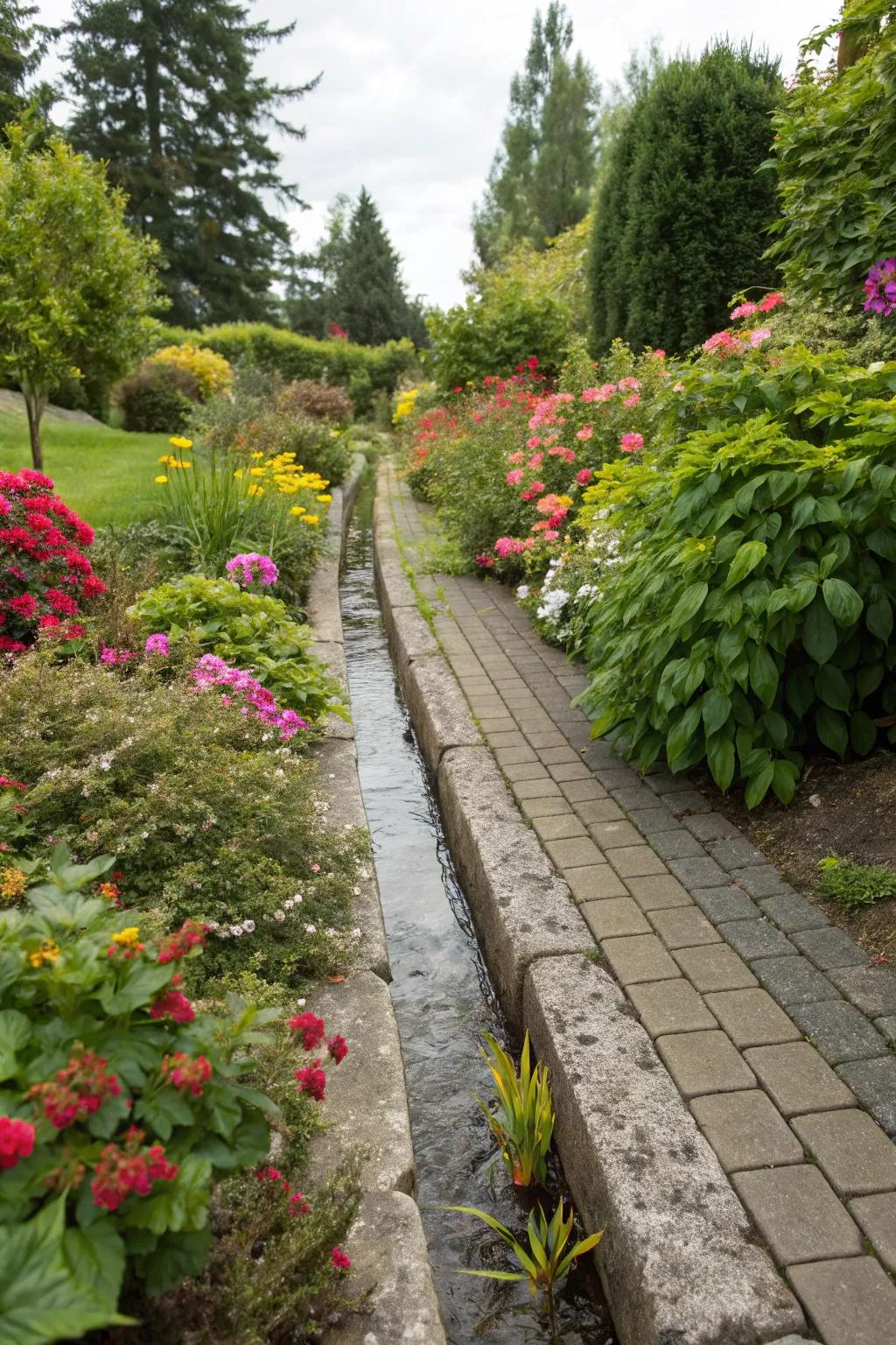A French drain complemented by vibrant plant borders.