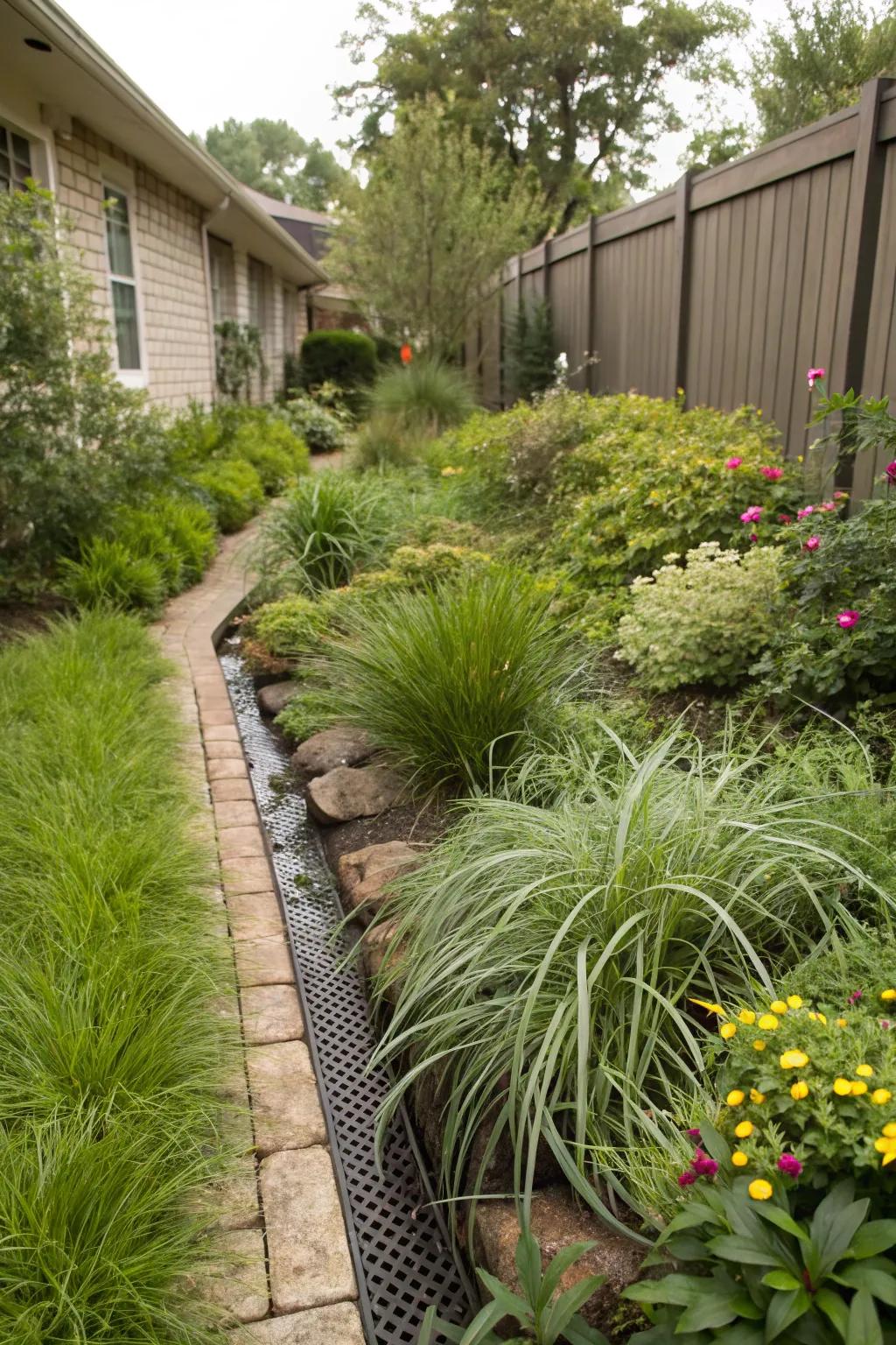 Camouflage French drains with lush plantings for a natural look.