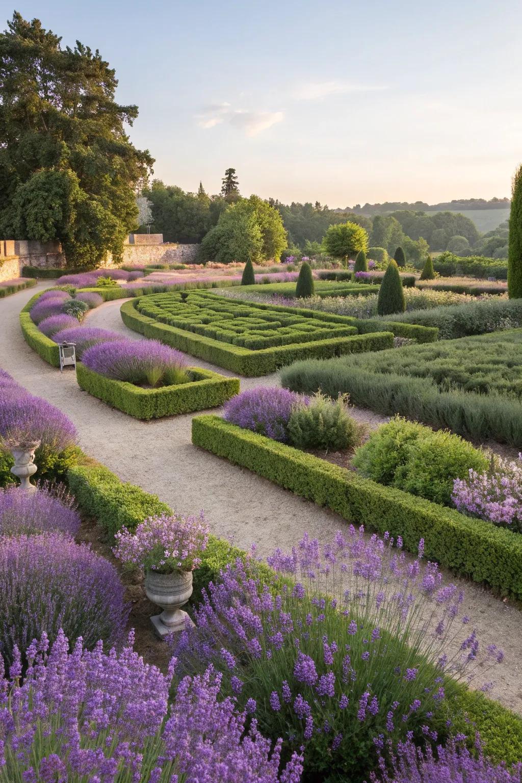Aromatic lavender and structured boxwood.
