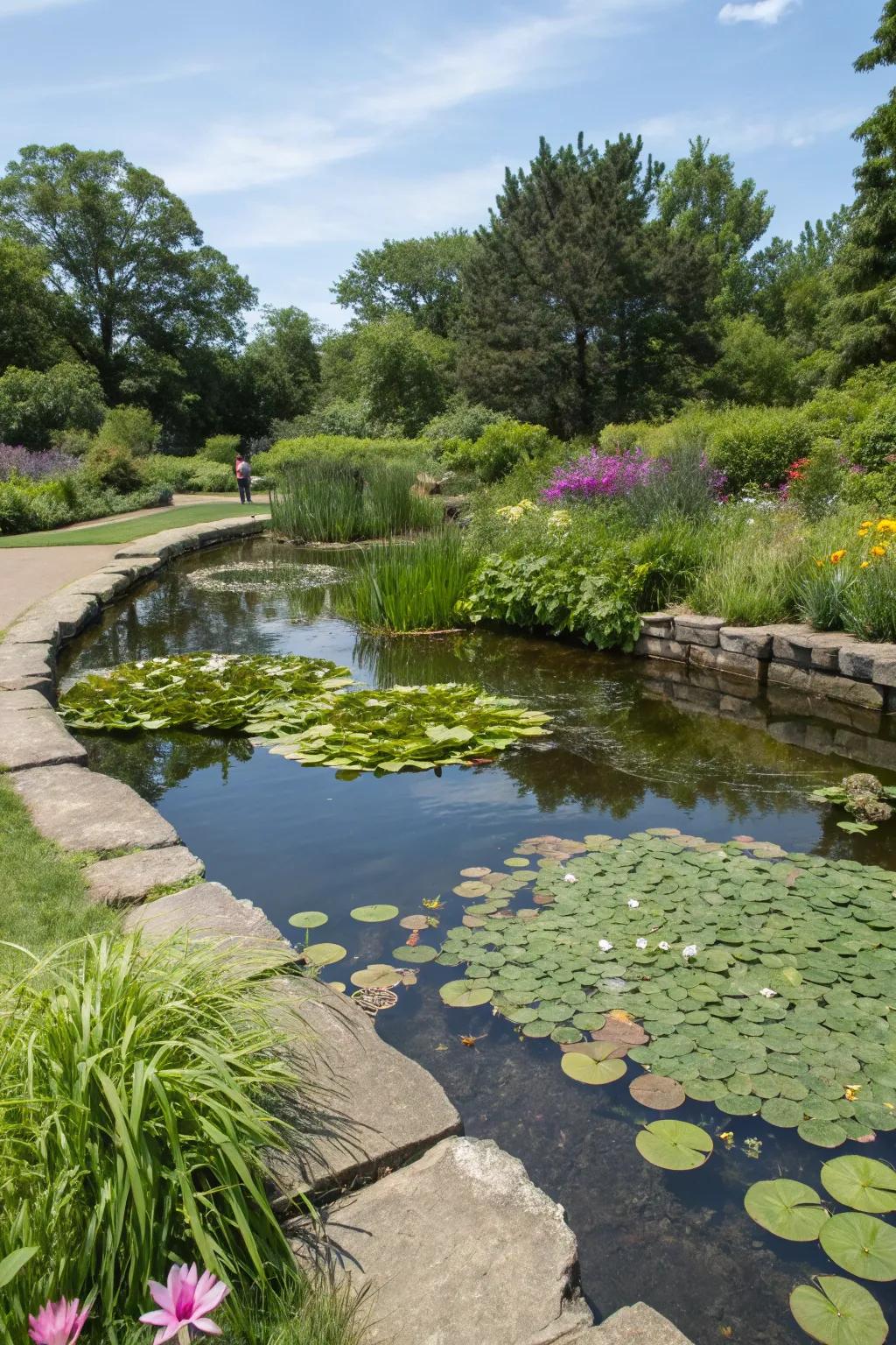 A pond that invites children to explore nature safely.