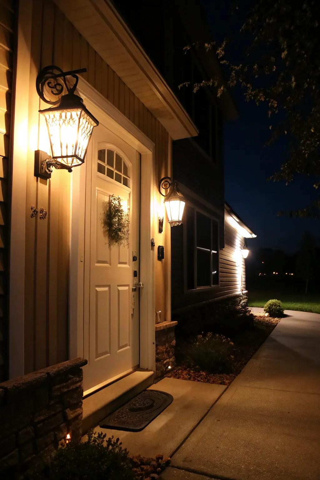 Warm LED lights create a welcoming glow in the evening.