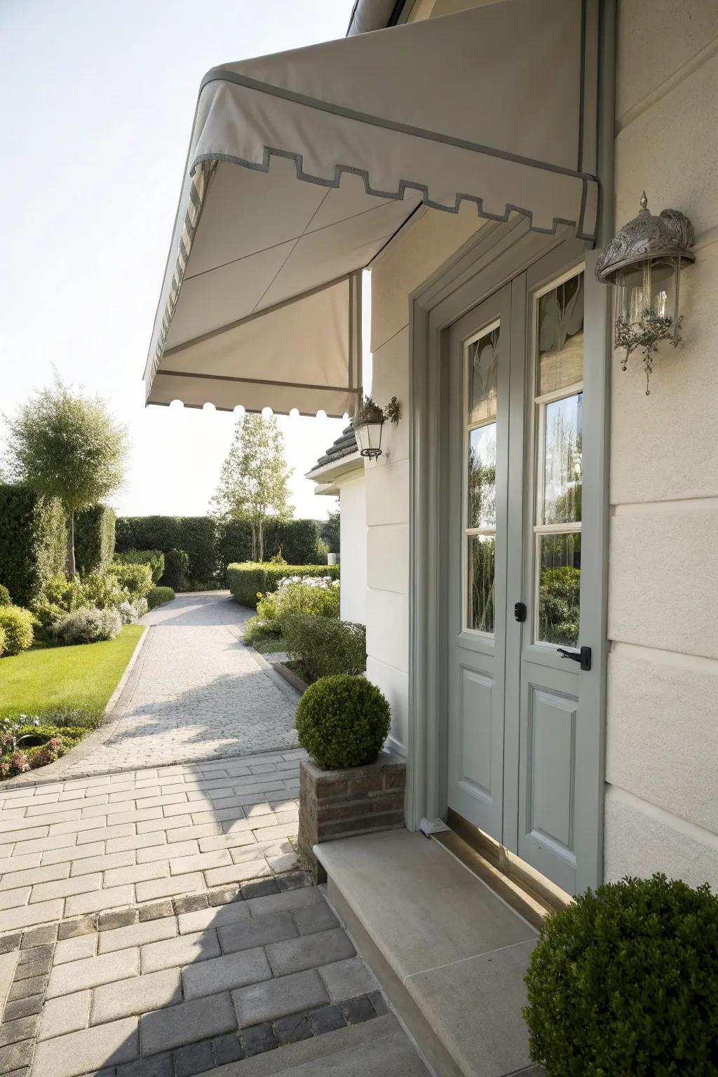A front door landing with a charming awning for added style and protection.