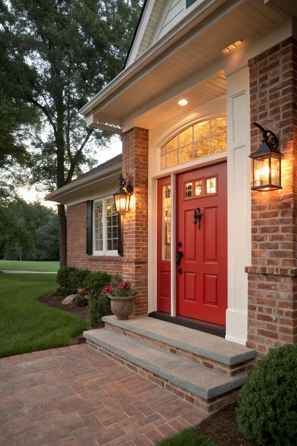 Classic red front door exuding warmth and elegance.