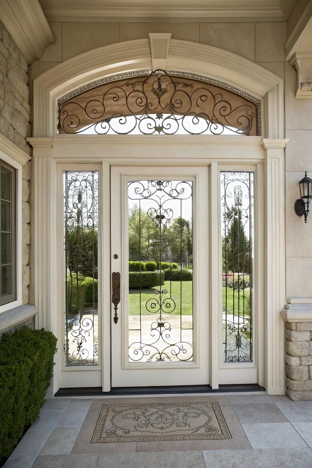 Decorative panels and a transom elevate this front door design.