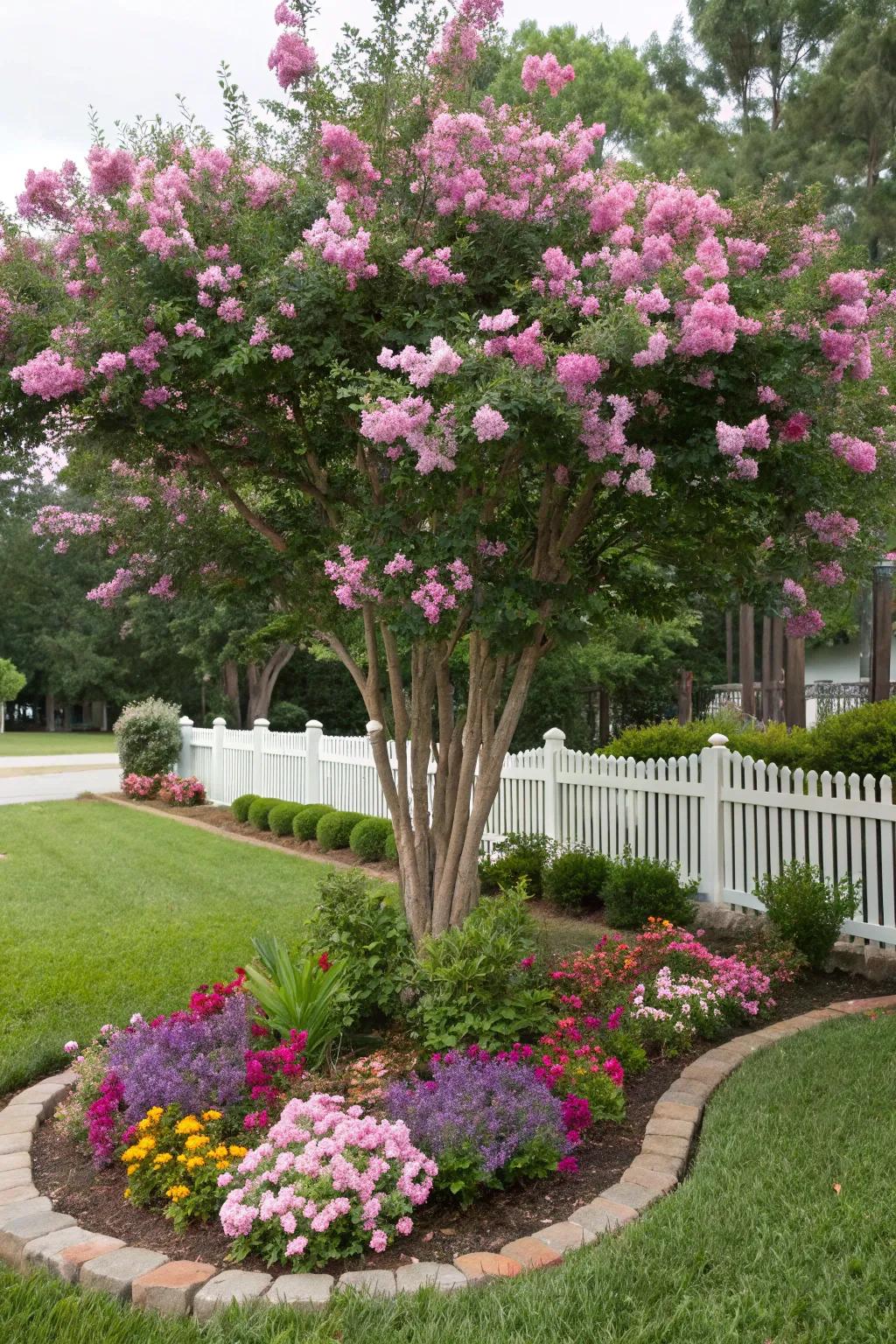 A Crepe Myrtle tree in full bloom, adding height and color to the garden.