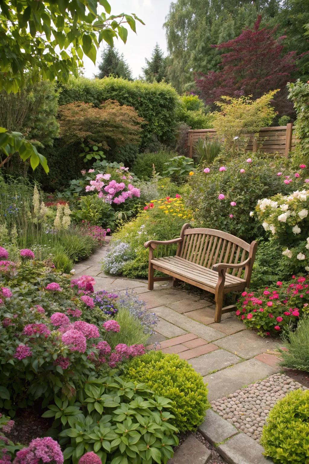 A cozy seating nook amidst garden beauty.