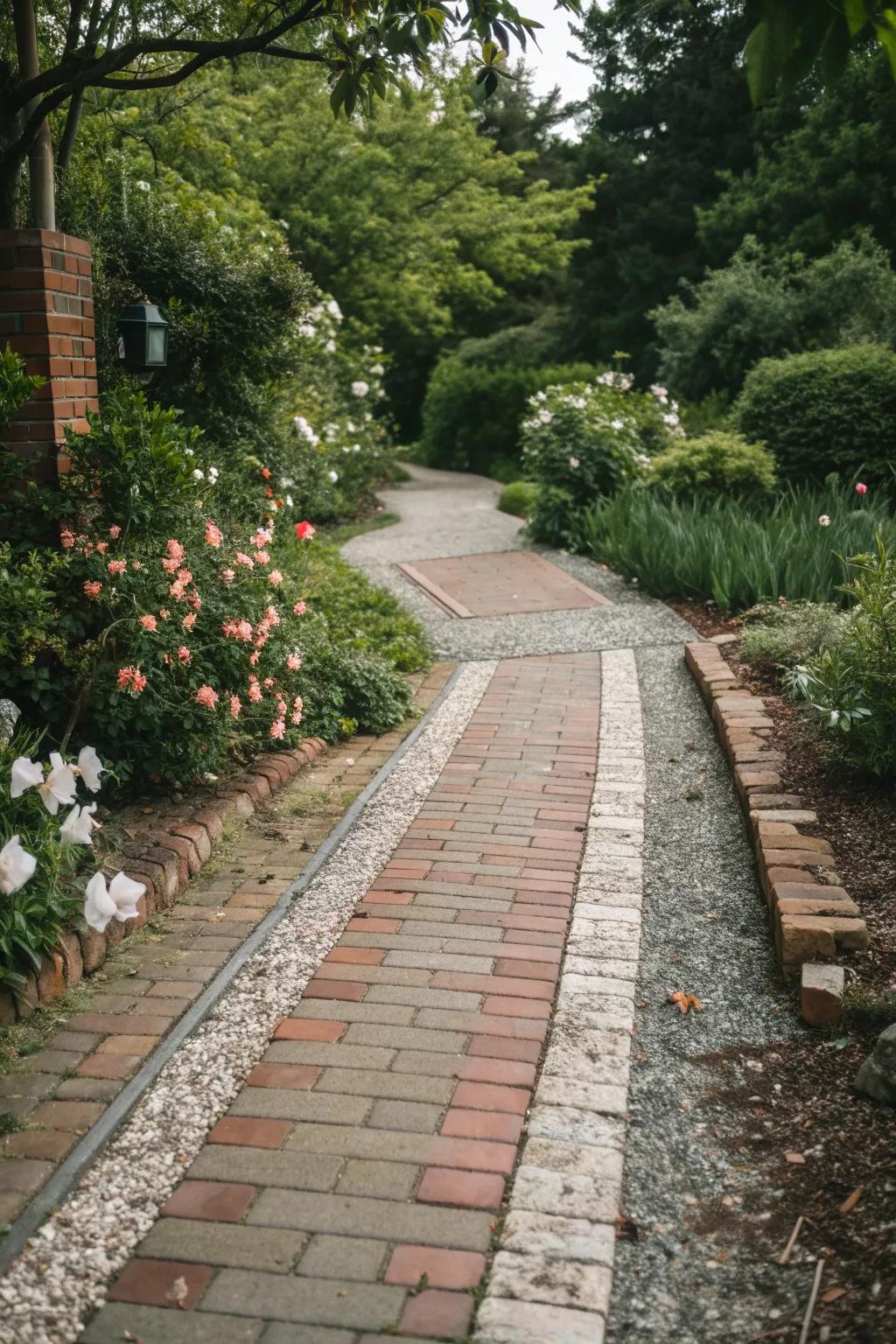A path creatively combining bricks, gravel, and concrete for a unique look.