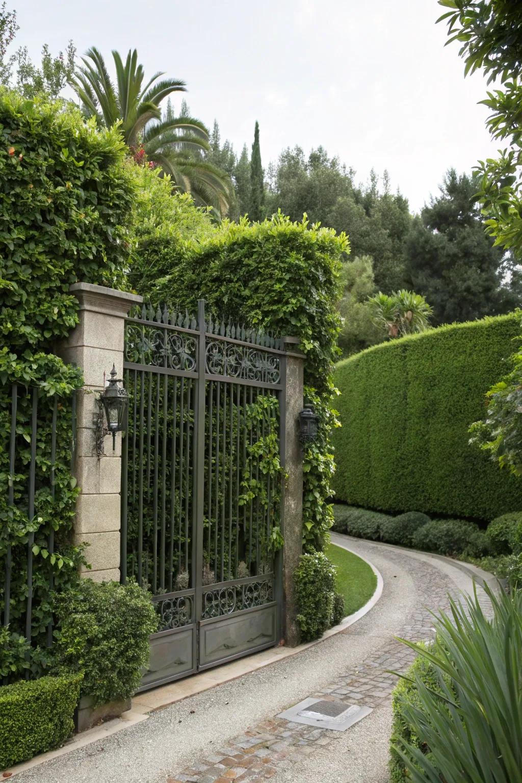 A secure entrance with tall gates and dense greenery.