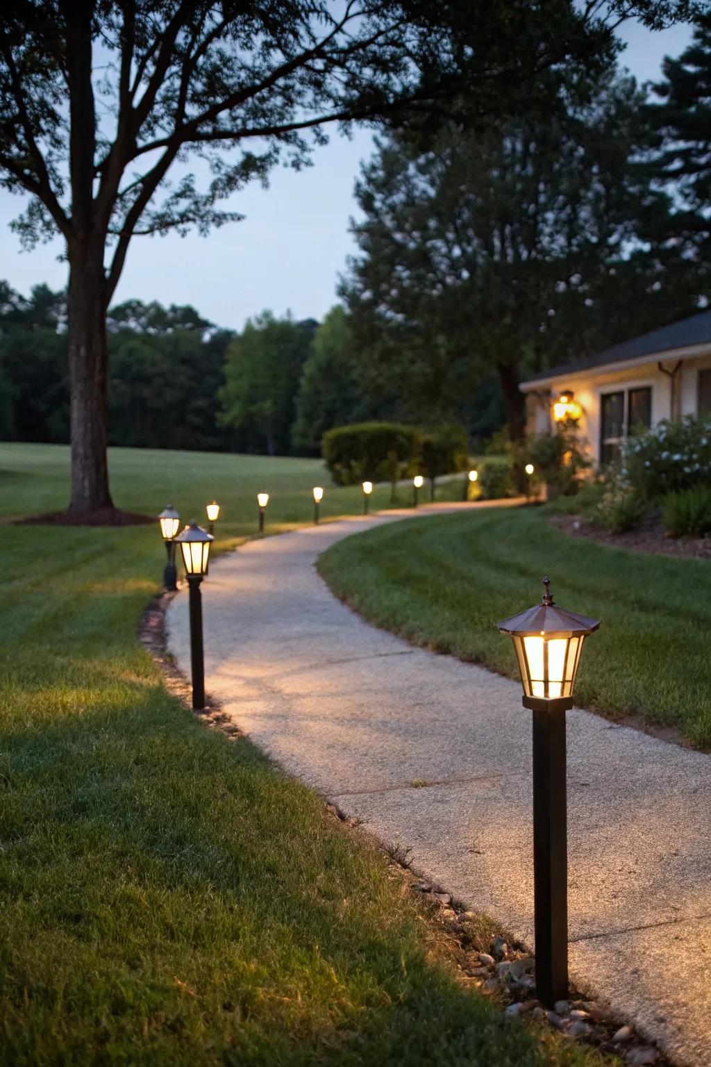 Driveway illuminated by charming post lights.