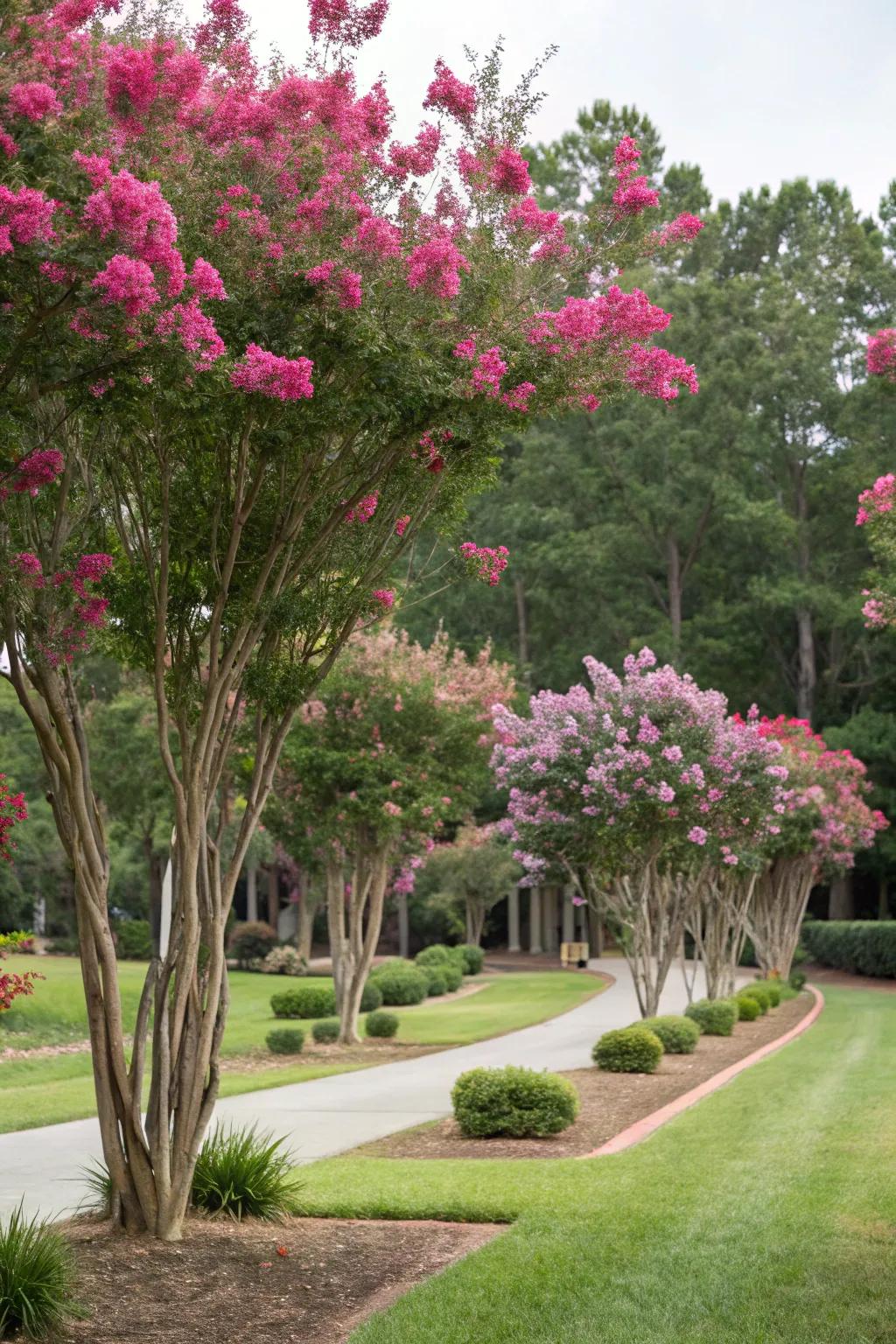 Crepe myrtles of different heights create a visually dynamic yard.