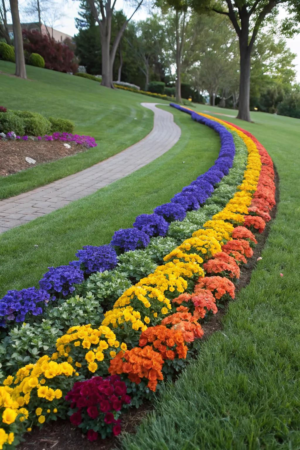 Make a bold statement with a rainbow gradient flower bed design.