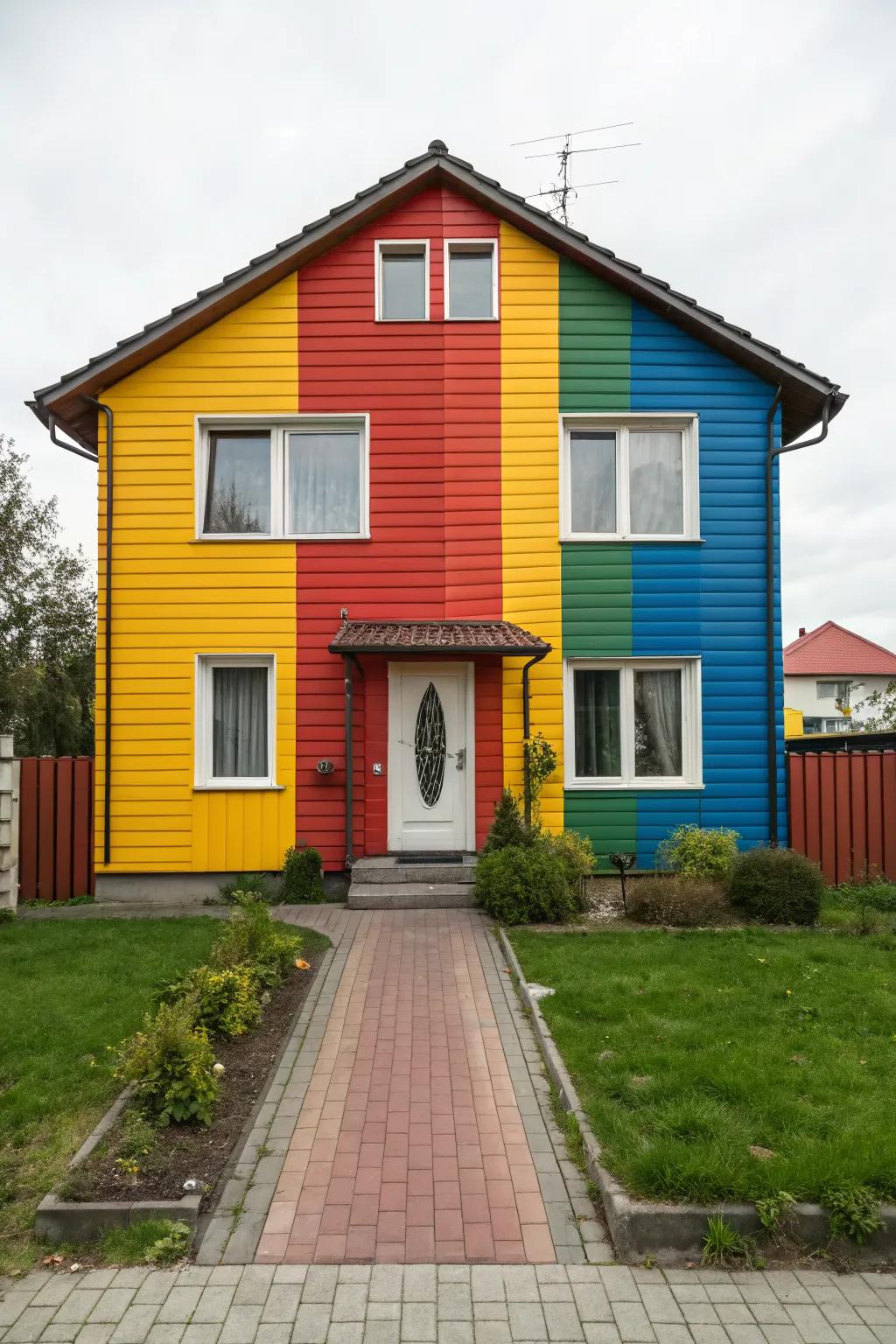 A house with bold and vibrant contrasting color cladding.