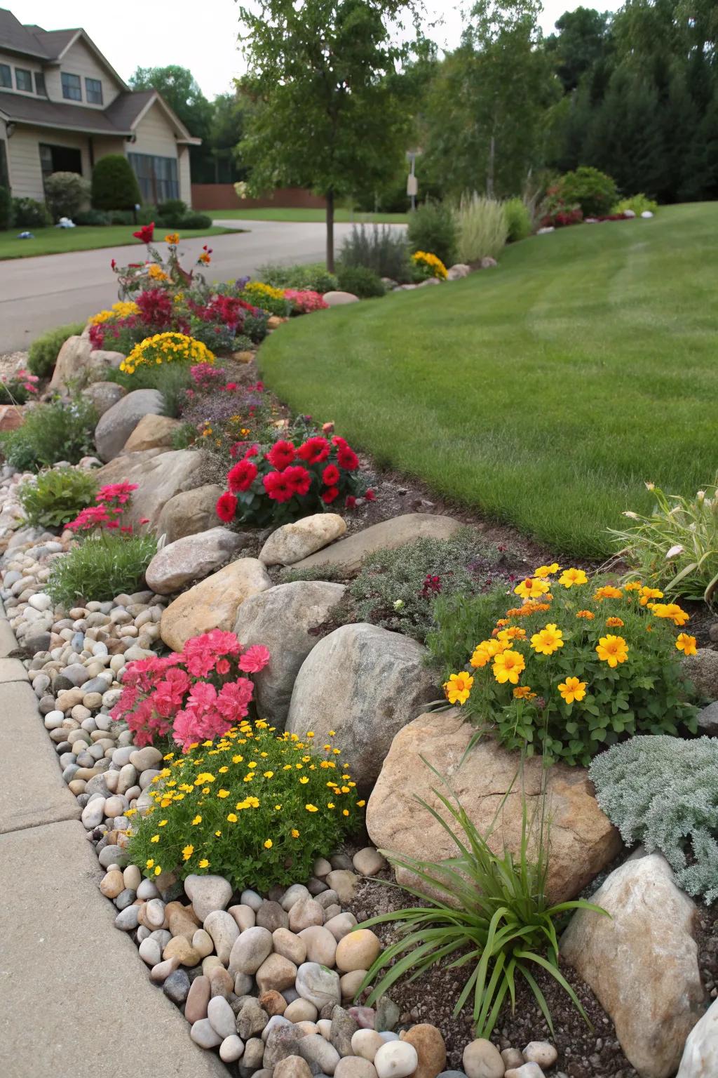 An organic rock arrangement creating a natural feel in the front yard.