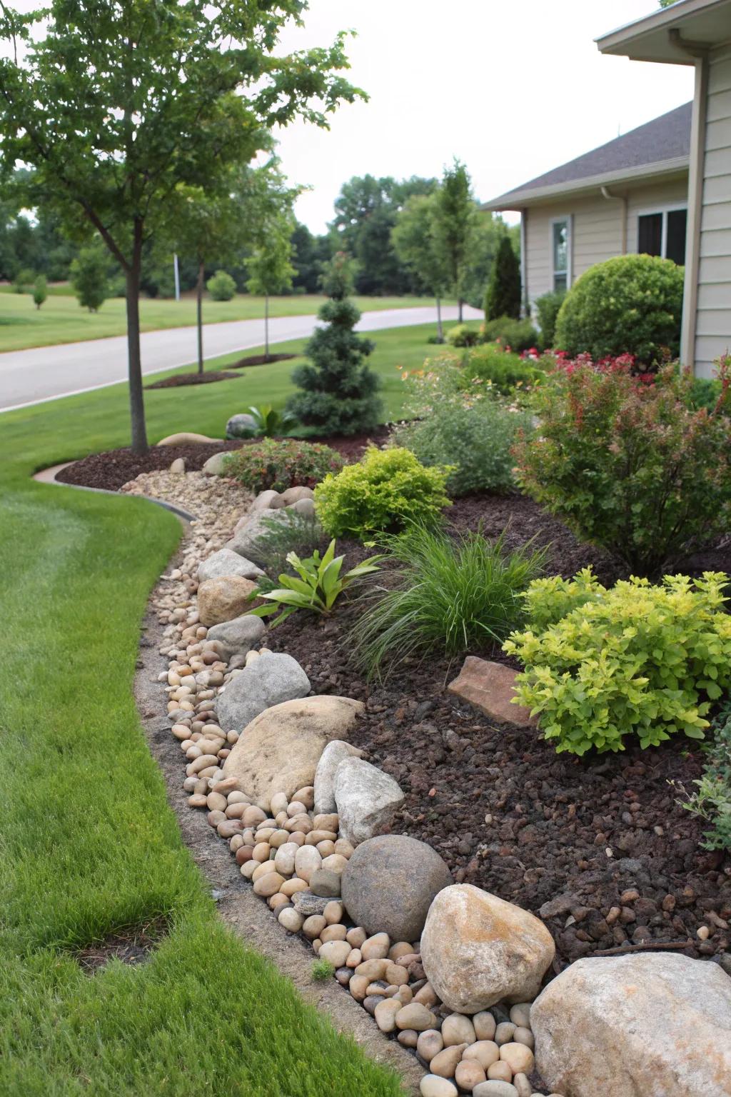 Decorative stones add a rustic charm to mulch beds.