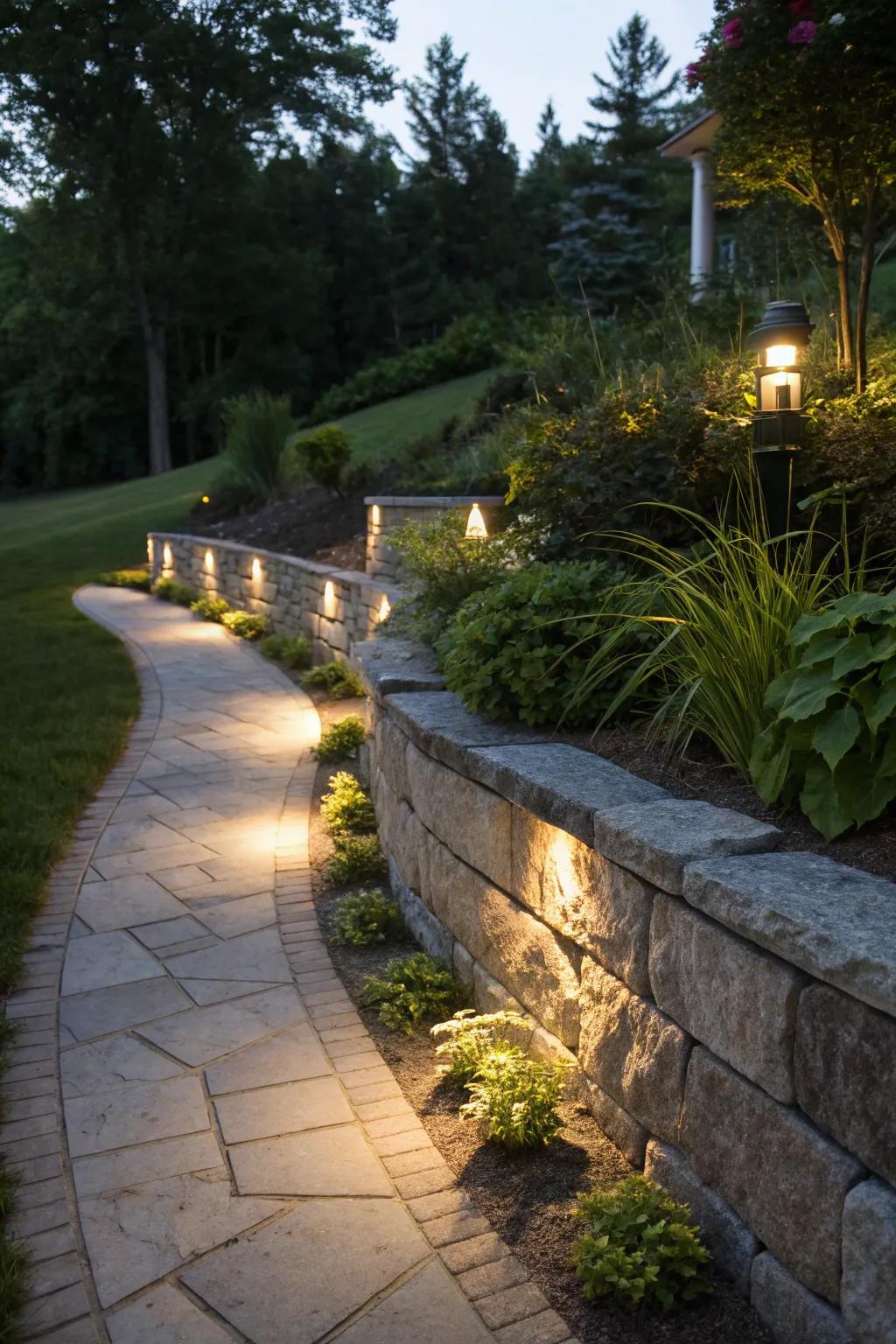 Lighting transforms the wall into a nighttime feature.