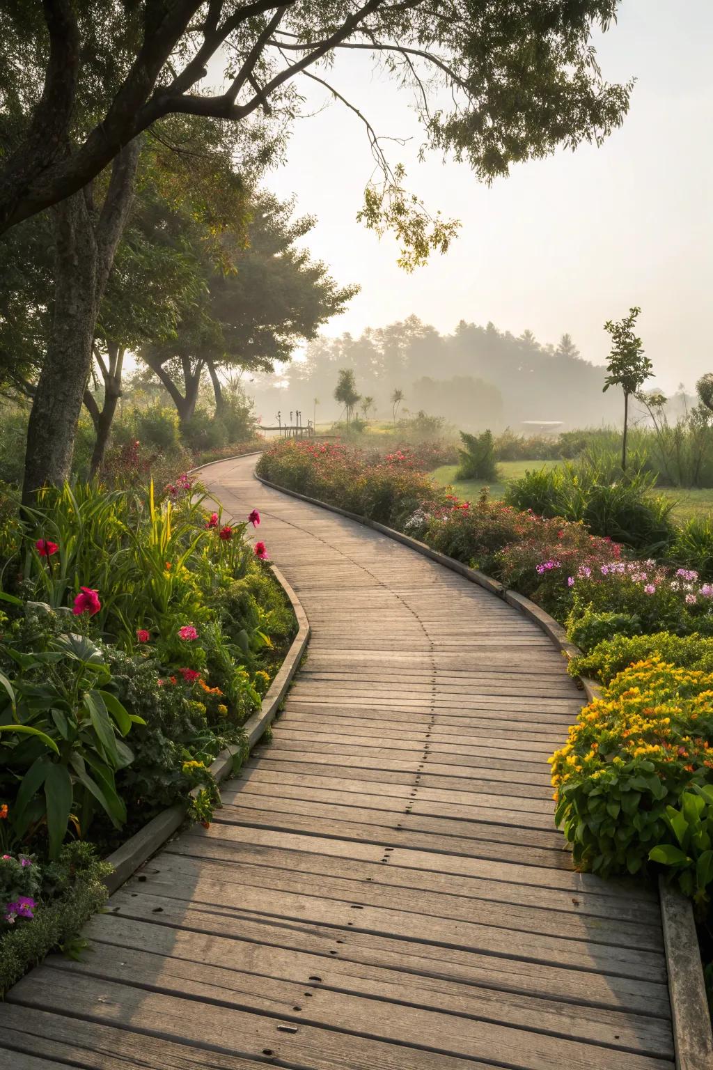 Rustic wooden boardwalk adding natural charm.