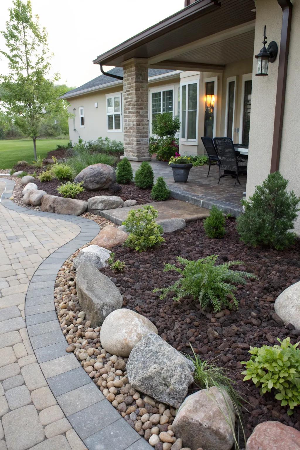Add texture and contrast with mulch and decorative rocks.