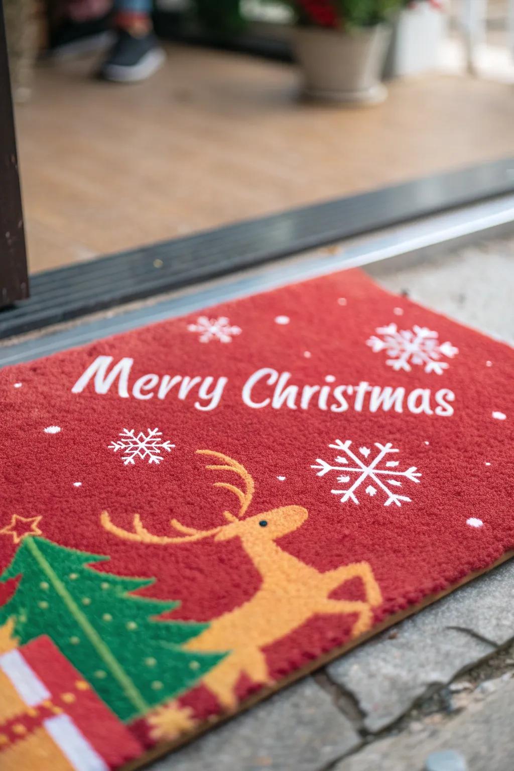 A cheerful doormat greets guests with holiday spirit.